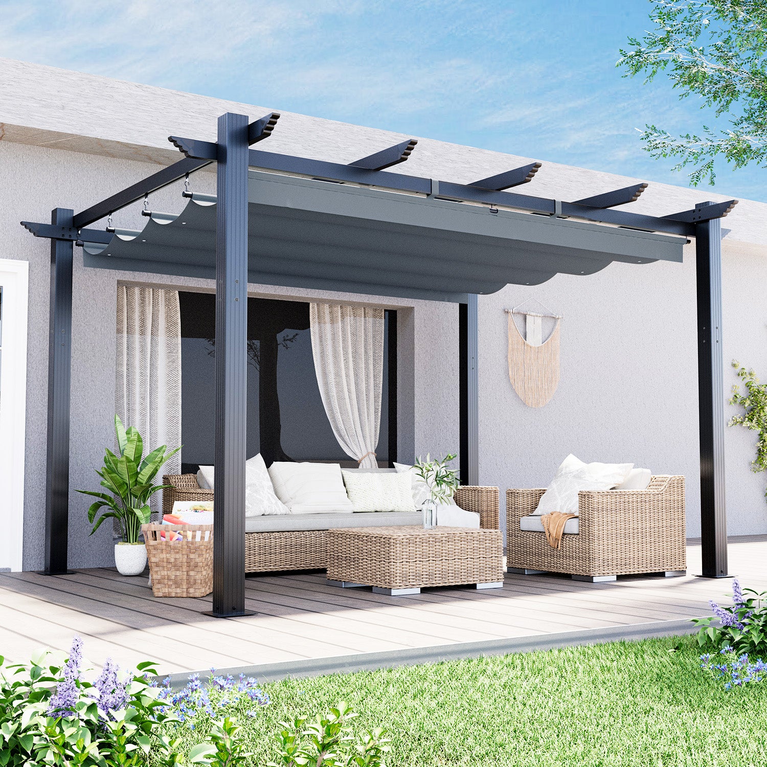 HOMREST Retractable Pergola 10x13 Ft, Outdoor Aluminum Shelter with Dual Adjustable Sun Shade Canopy for Patio Backyard, Locking System Includes Straps & Screws (Gray)