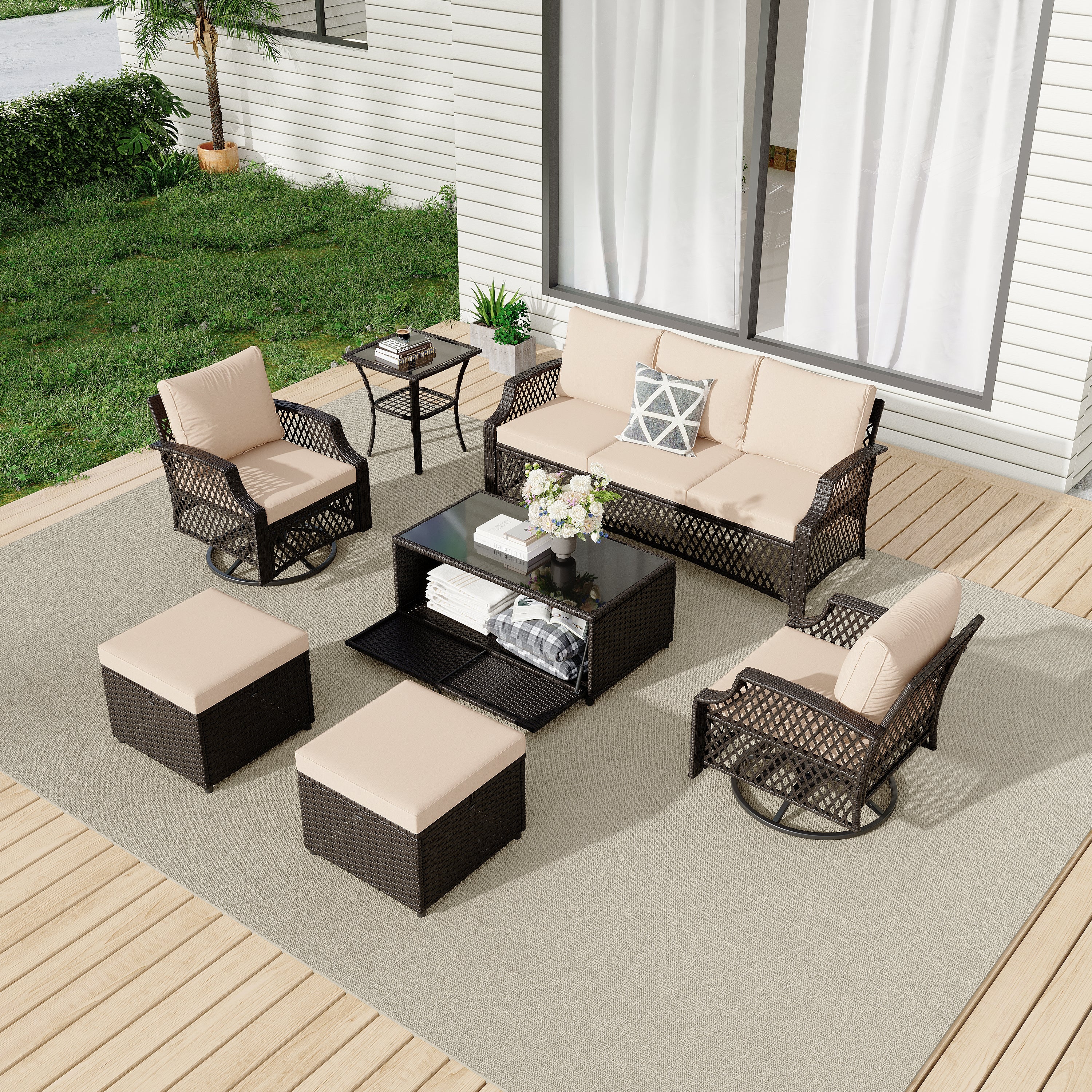 HOMREST 7 Piece Patio Furniture Set, Rattan Outdoor Sectional for Deck Backyard Porch (7 Seats, Khaki)