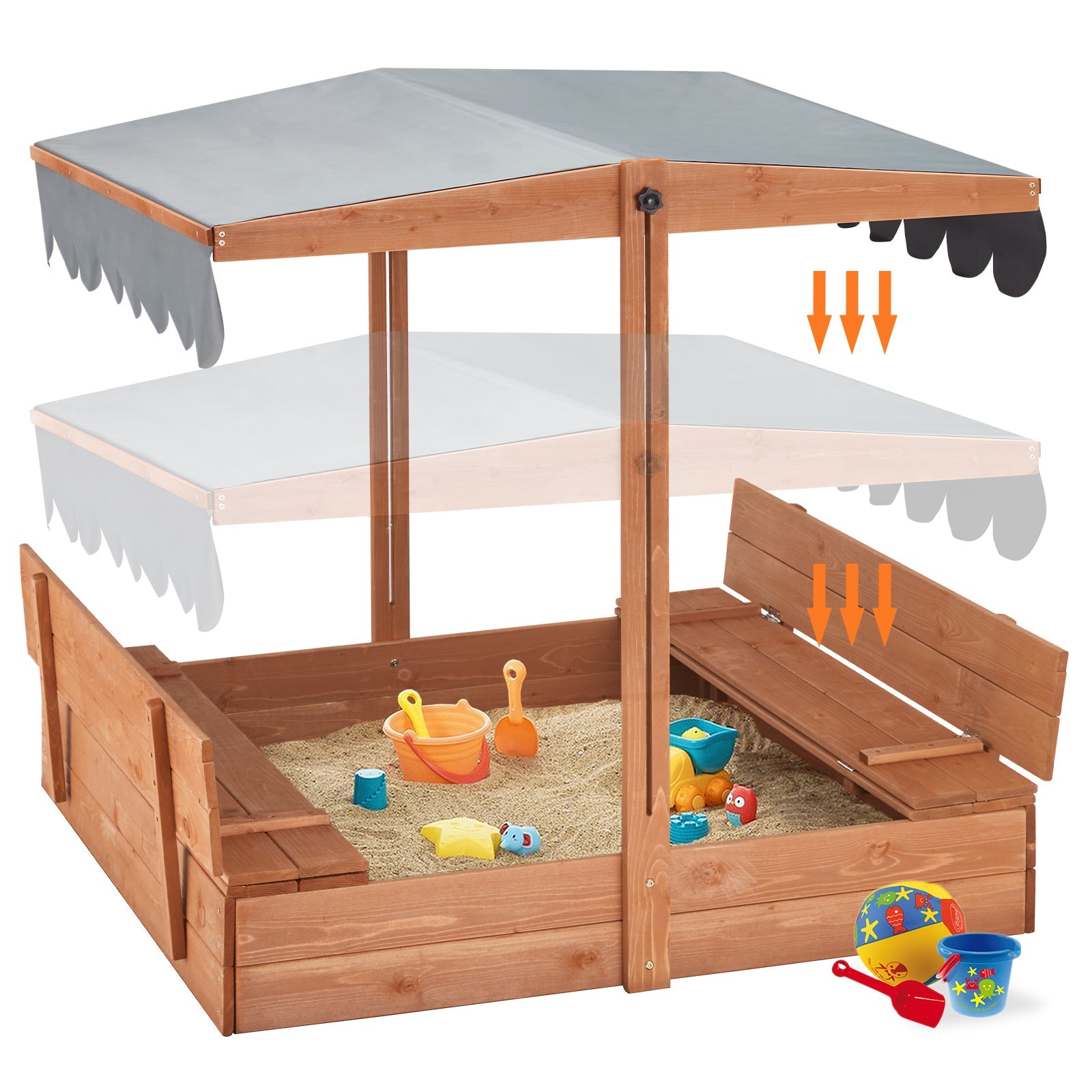 Homrest Kids Sandbox with Cover, Height Adjustable Roof, Foldable Bench Seats for Aged 3-8, Wooden Outdoor Kids Sandbox, Sand Protection Line