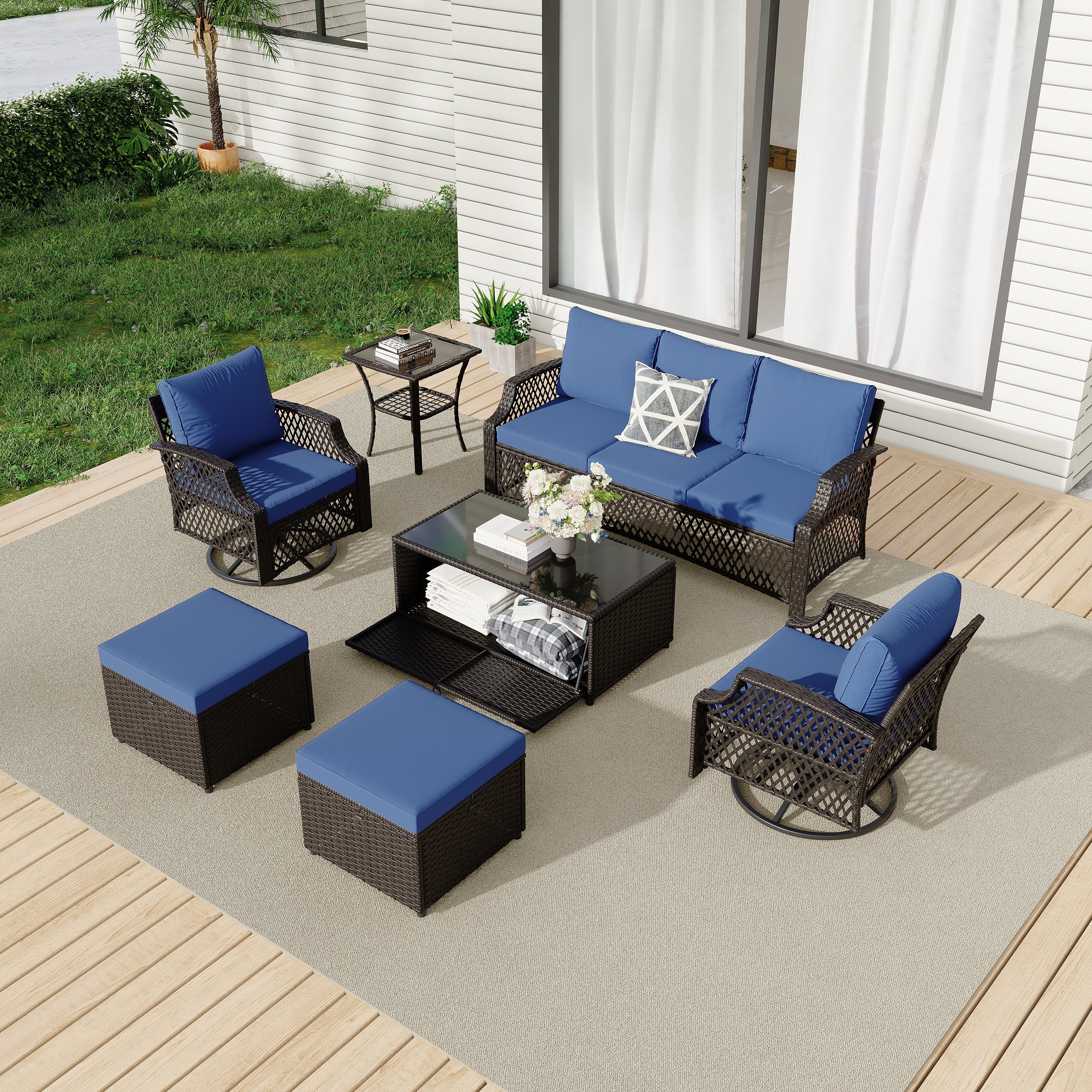 HOMREST 7 Piece Patio Furniture Set, Rattan Outdoor Sectional for Deck Backyard Porch (Navy Blue)