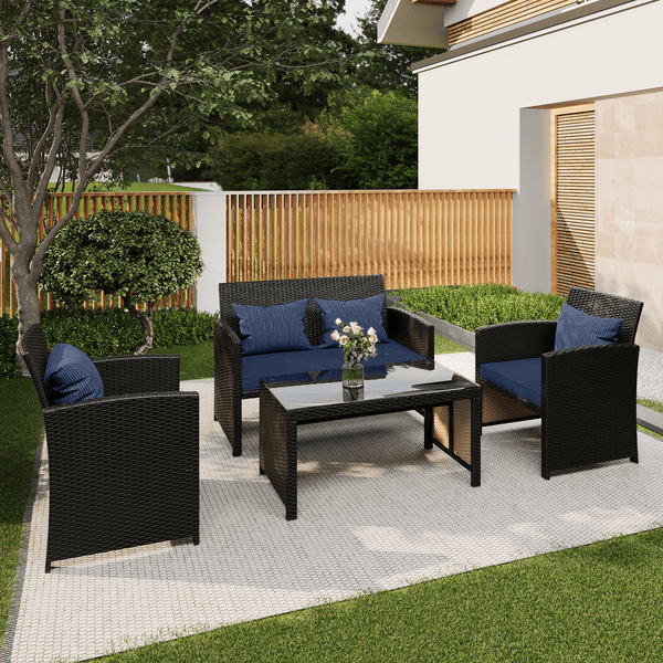 HOMREST 4-Piece Patio Furniture Set, Outdoor Wicker Patio Conversation Set with Cushions, Sofa & Glass Coffee Table, Navy Blue