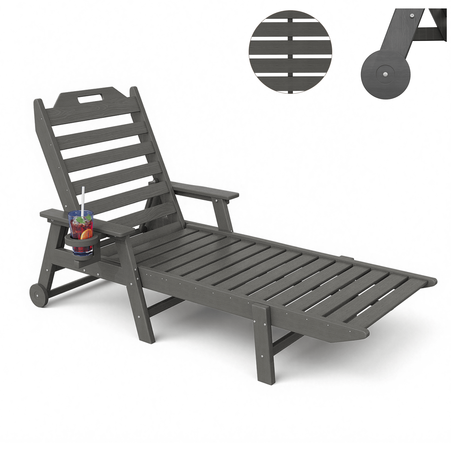 HOMREST 22" W Oversized Chaise Lounge Chairs, Adjustable HDPE Outdoor Chairs with Wheels & Cup Holder, Dark Grey