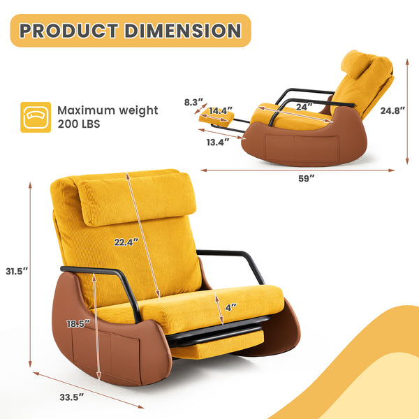 HOMRESTUpholstered Plush Seating Glider Rocker with Ajustable High Backrest, Golden