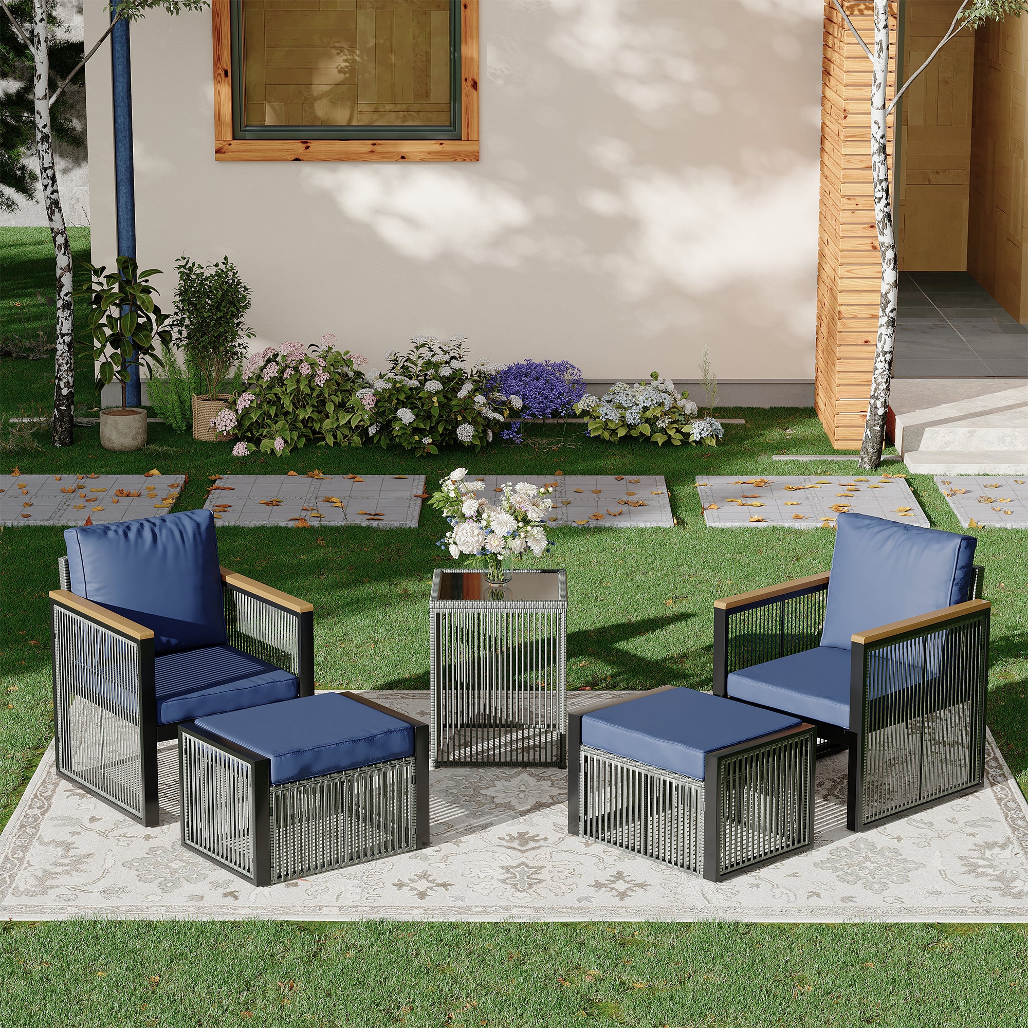 HOMREST 5 Pieces Patio Set Outdoor Furniture Set with Wood Armrest for Garden Balcony Backyard Poolside (Blue)