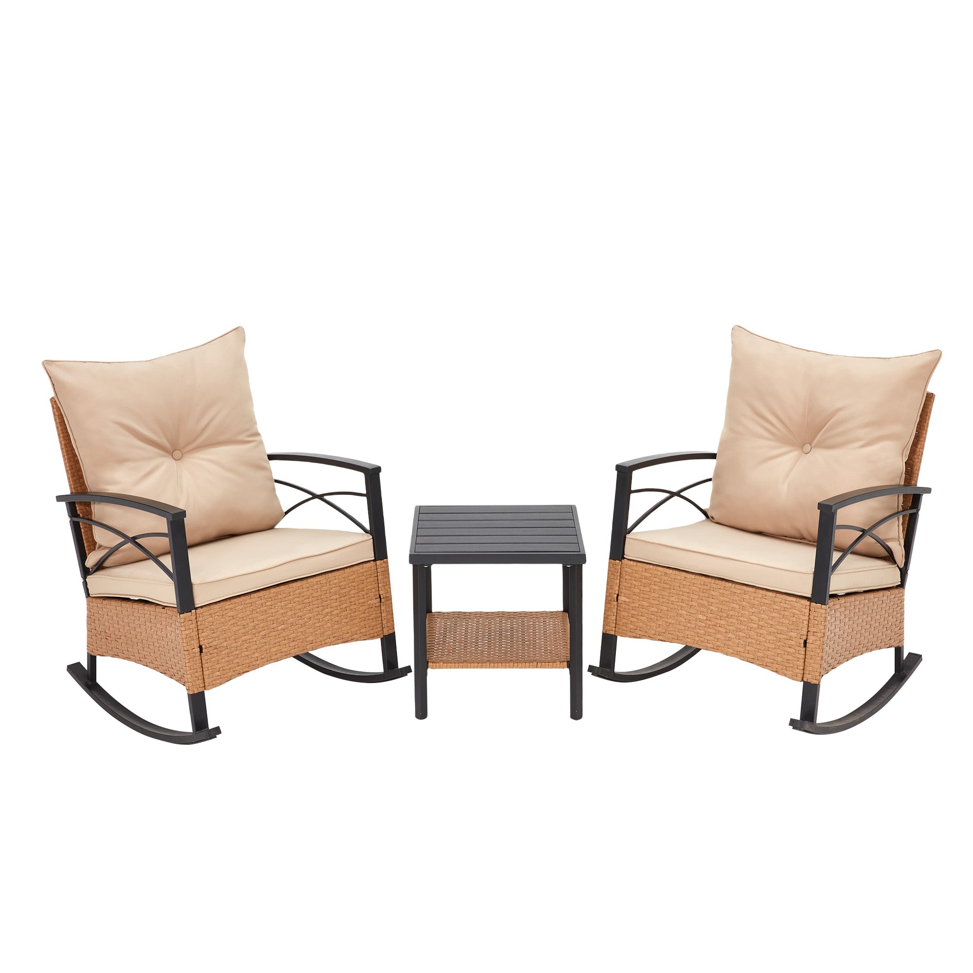 HOMREST 3-Piece Bistro Set: Outdoor Rattan Rocking Chairs with Cushions and Coffee Table