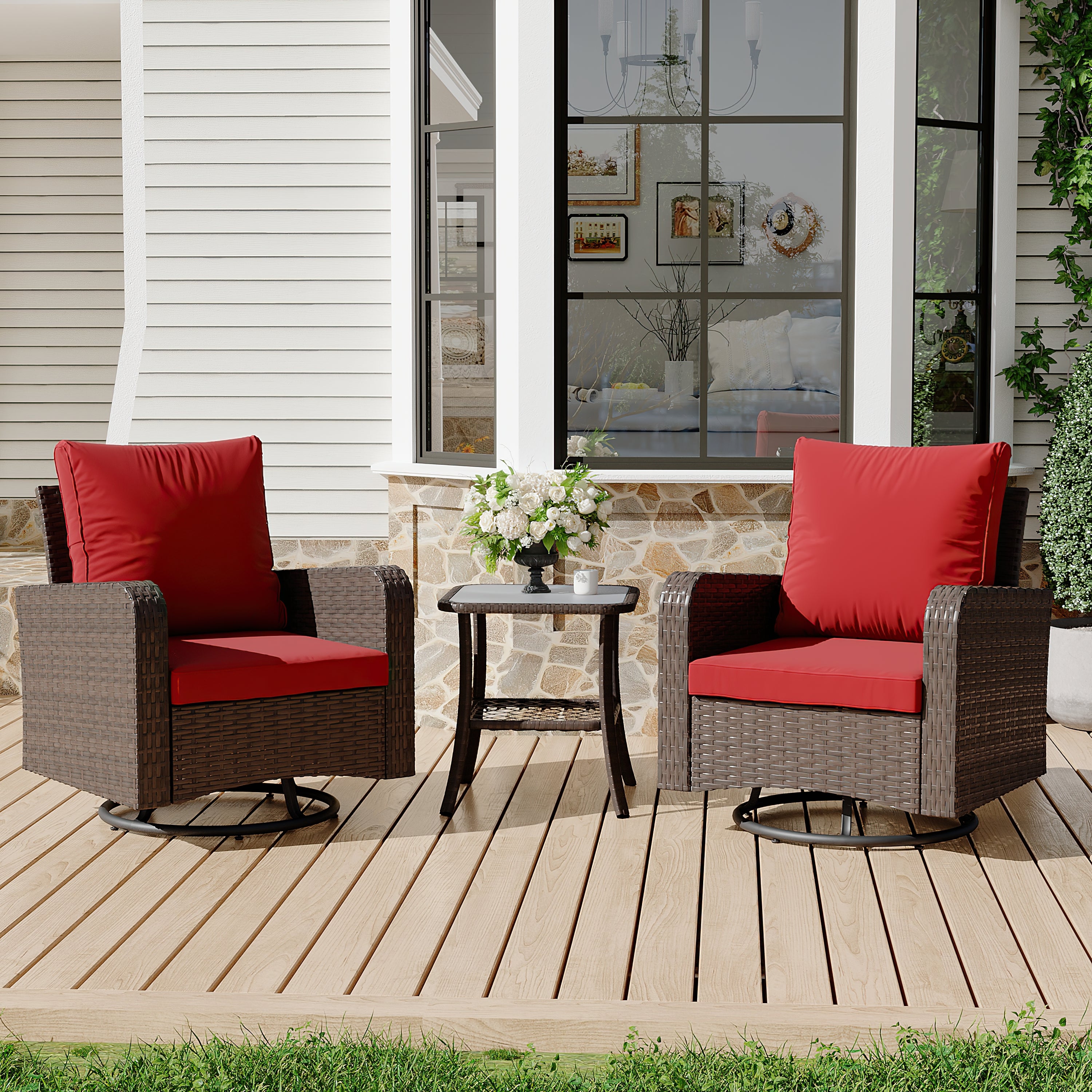 HOMREST 3 Piece Outdoor Swivel Chairs - Wicker Patio Bistro Table and Chairs Set, Wine Red