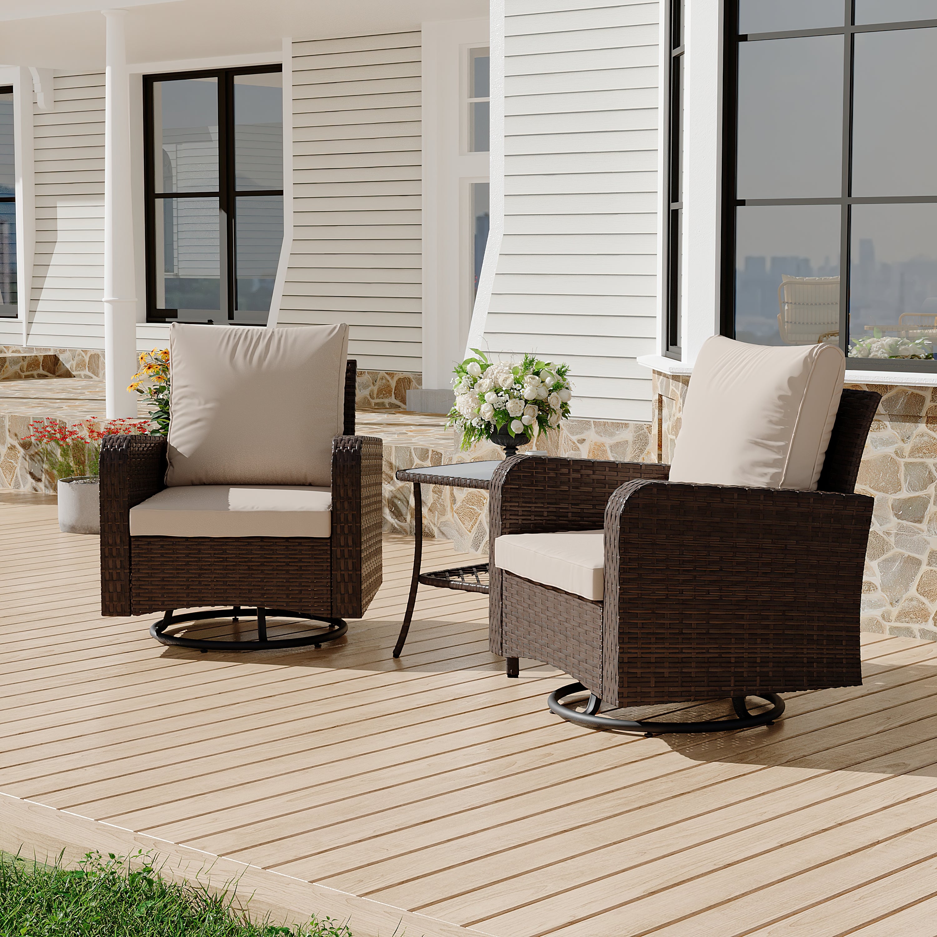 HOMREST 3 Piece Outdoor Swivel Chairs -All Weather Wicker Patio Bistro Table and Chairs Set, Khaki