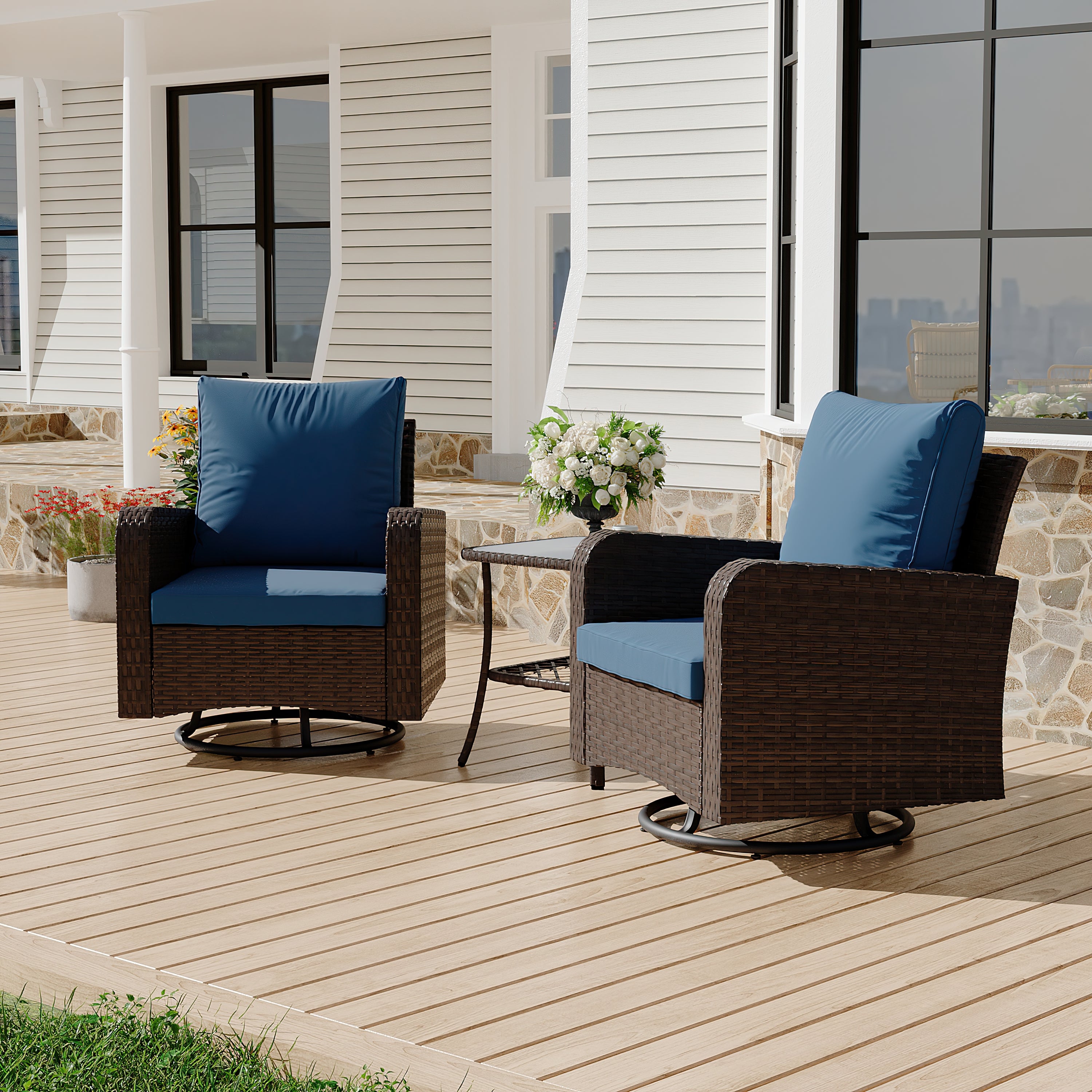 HOMREST 3 Piece Outdoor Swivel Chairs -Wicker Patio Bistro Table and Chairs Set, Navy