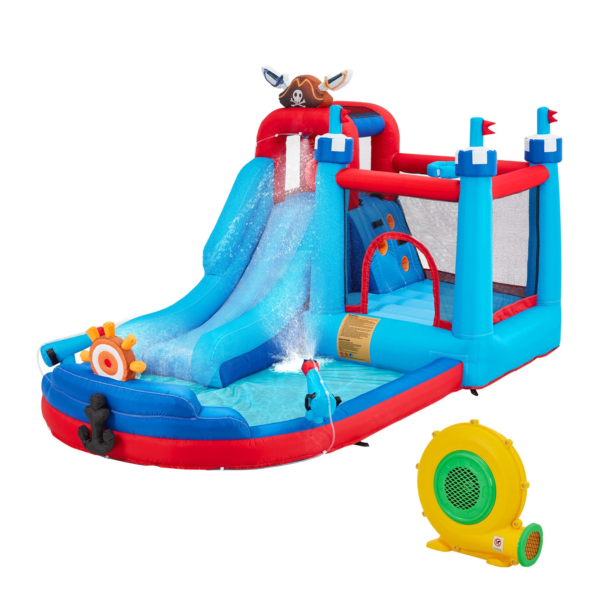 Homrest Inflatable Bounce House, Bounce House with Water Slide for Kids 3-8, Water Slide Bounce House with a Pirate Ship Shape, Rock Climbing Wall, Trampoline, Water Gun Competition, Darts Game, Storage Bag, 480W Blower for Outdoor Backyard