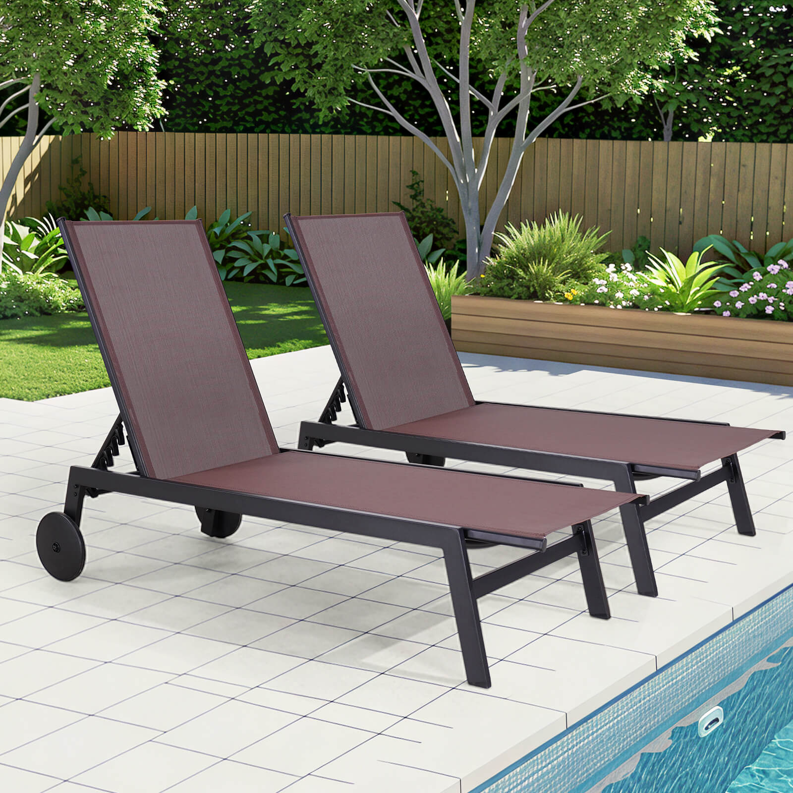HOMREST 23 Inches Patio Chaise Lounge Chair Set of 2 with Table, Adjustable Backrest & Wheels, Brown