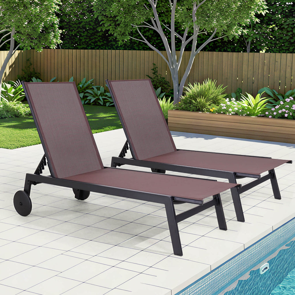 HOMREST 23 Inches Patio Chaise Lounge Chair Set of 2 with Table, Adjustable Backrest & Wheels, Brown