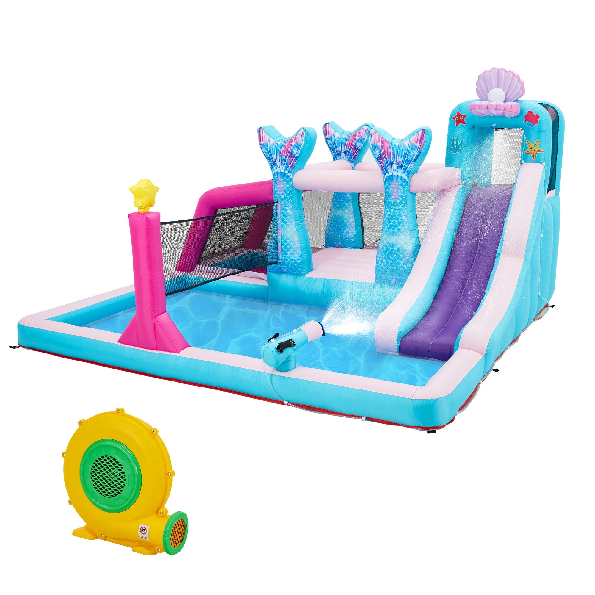 Homrest Inflatable Bounce House, Bounce House with Water Slide for Kids 3-8, Water Slide Bounce House with a Mermaid Shape, Volleyball Match, Trampoline, Water Gun Competition, Storage Bag, 480W Blower for Outdoor Backyard