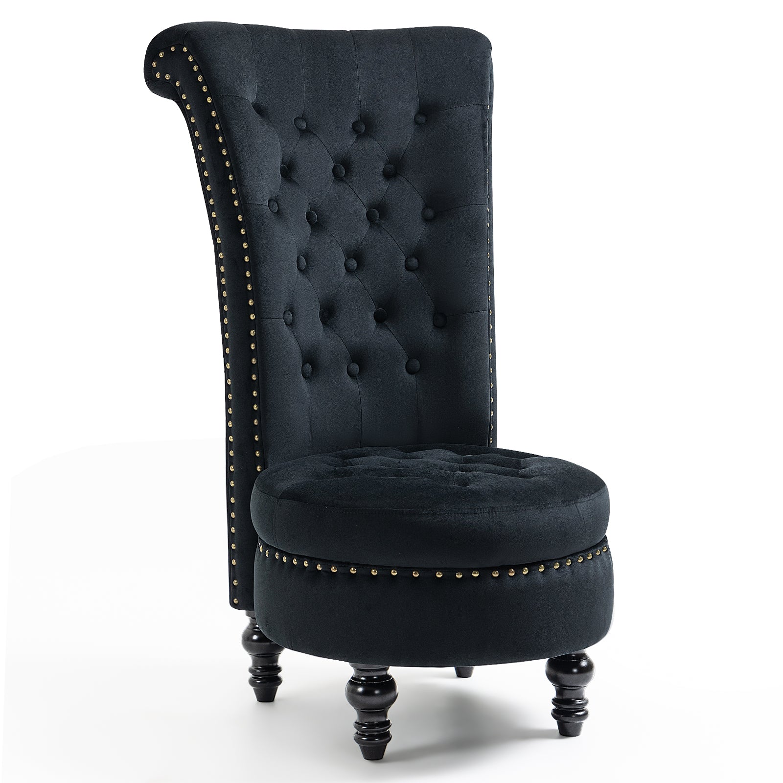 HOMREST High Back Throne Chair, Velvet Armless Royal Accent Chair w/Storage, Nailhead Trim & Rubberwood Legs for Living Room & Bedroom, Black
