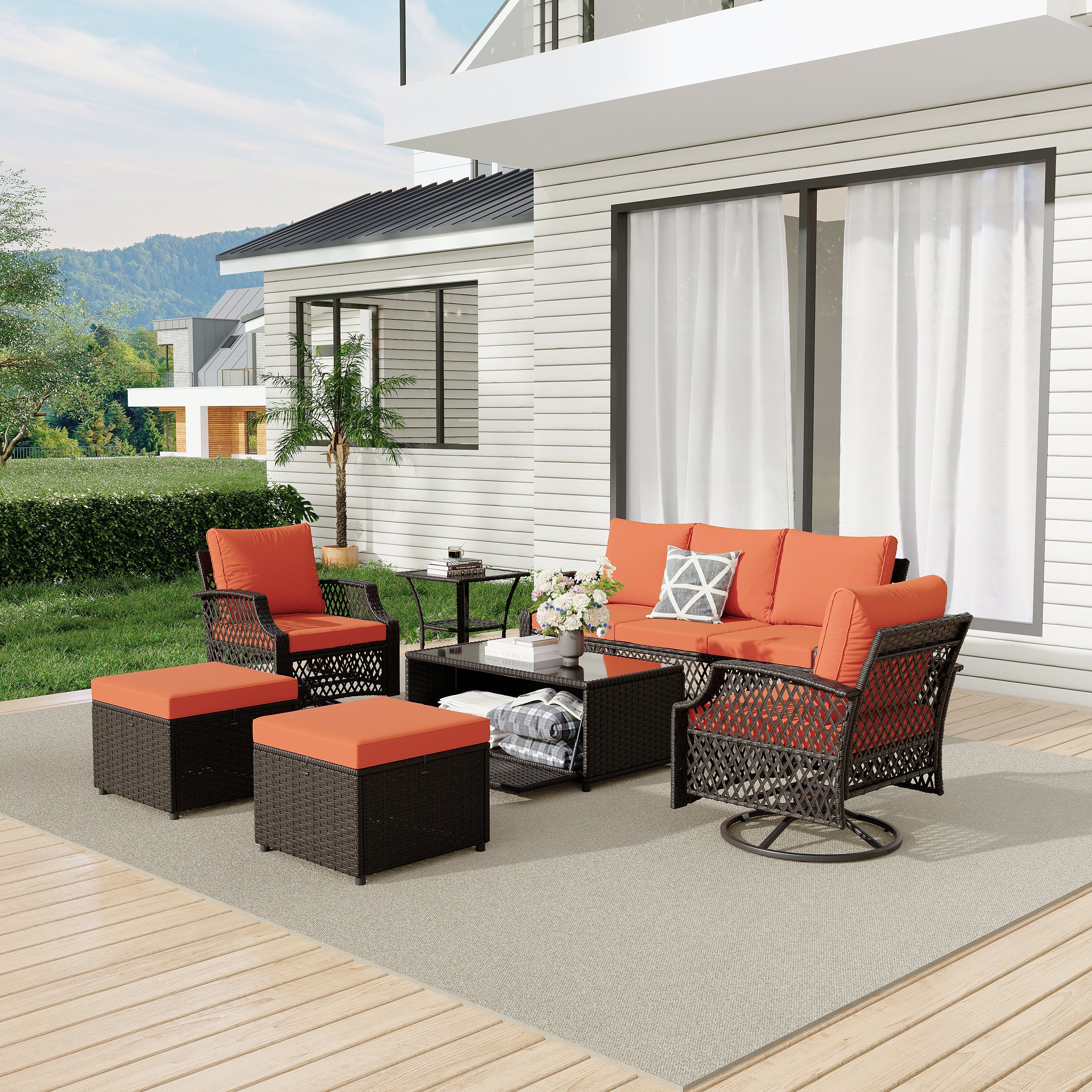 HOMREST 7 Piece Patio Furniture Set, Rattan Outdoor Sectional for Deck Backyard Porch (Orange)