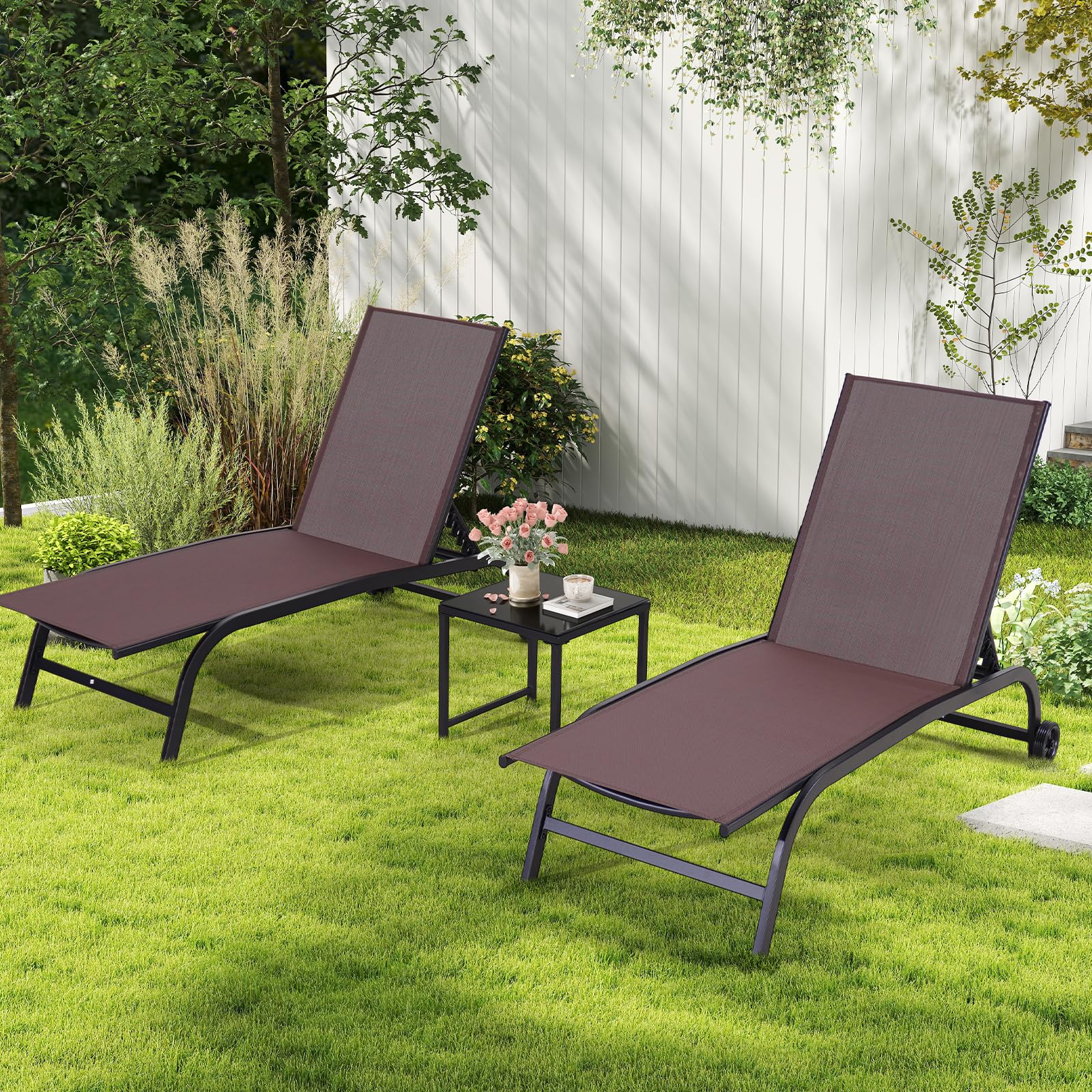 HOMREST  Oversized 26" W Patio Chaise Lounge Chair Set of 2 with Table, Adjustable Backrest & Wheels, Brown