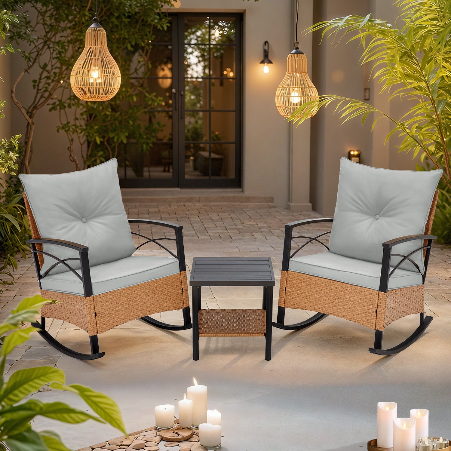 HOMREST 3-Piece Bistro Set: Outdoor Rattan Rocking Chairs with Cushions and Coffee Table