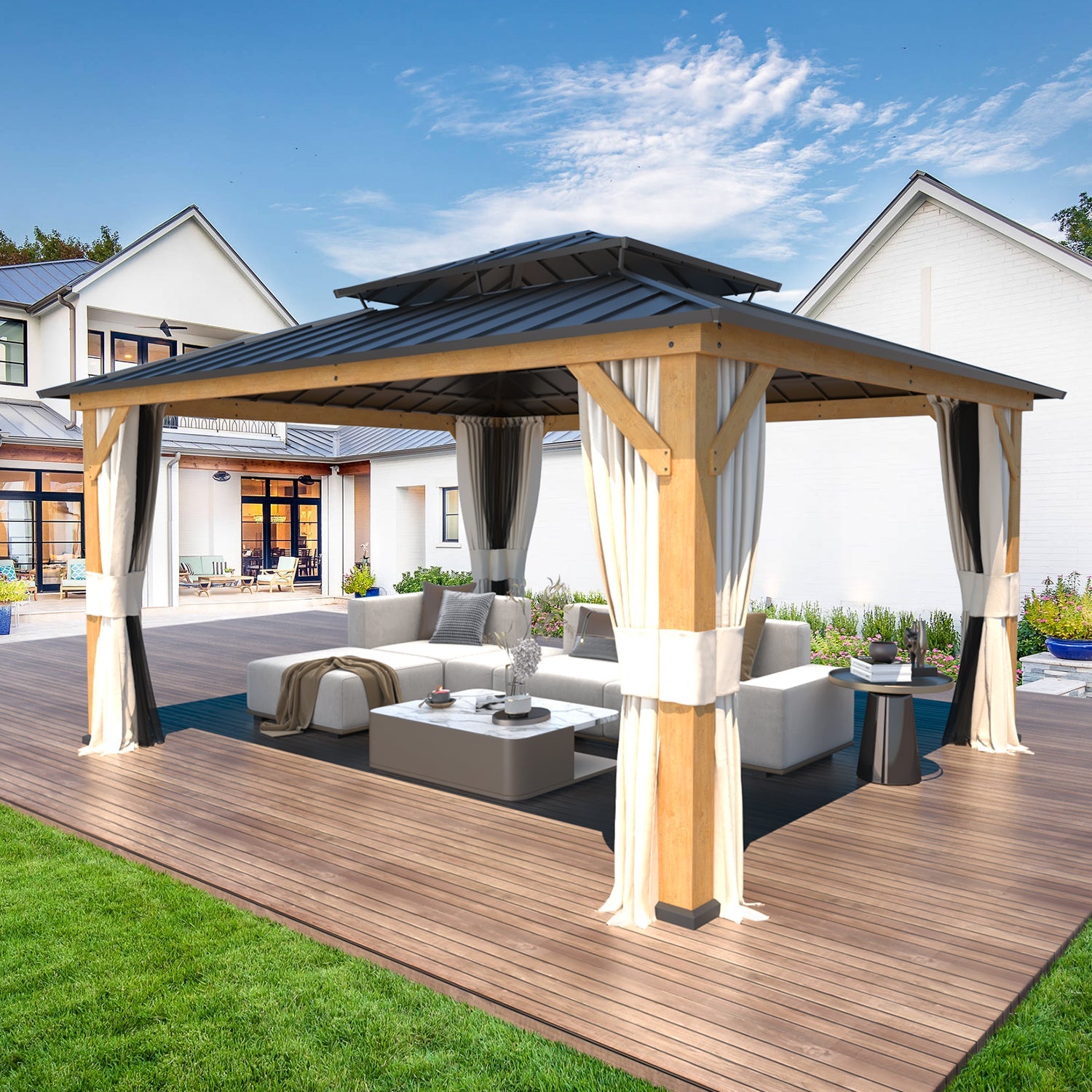 Homrest 13' x 15' Outdoor Cedar Wood Hardtop Gazebo w/ Double Metal Roof, Curtains & Nettings