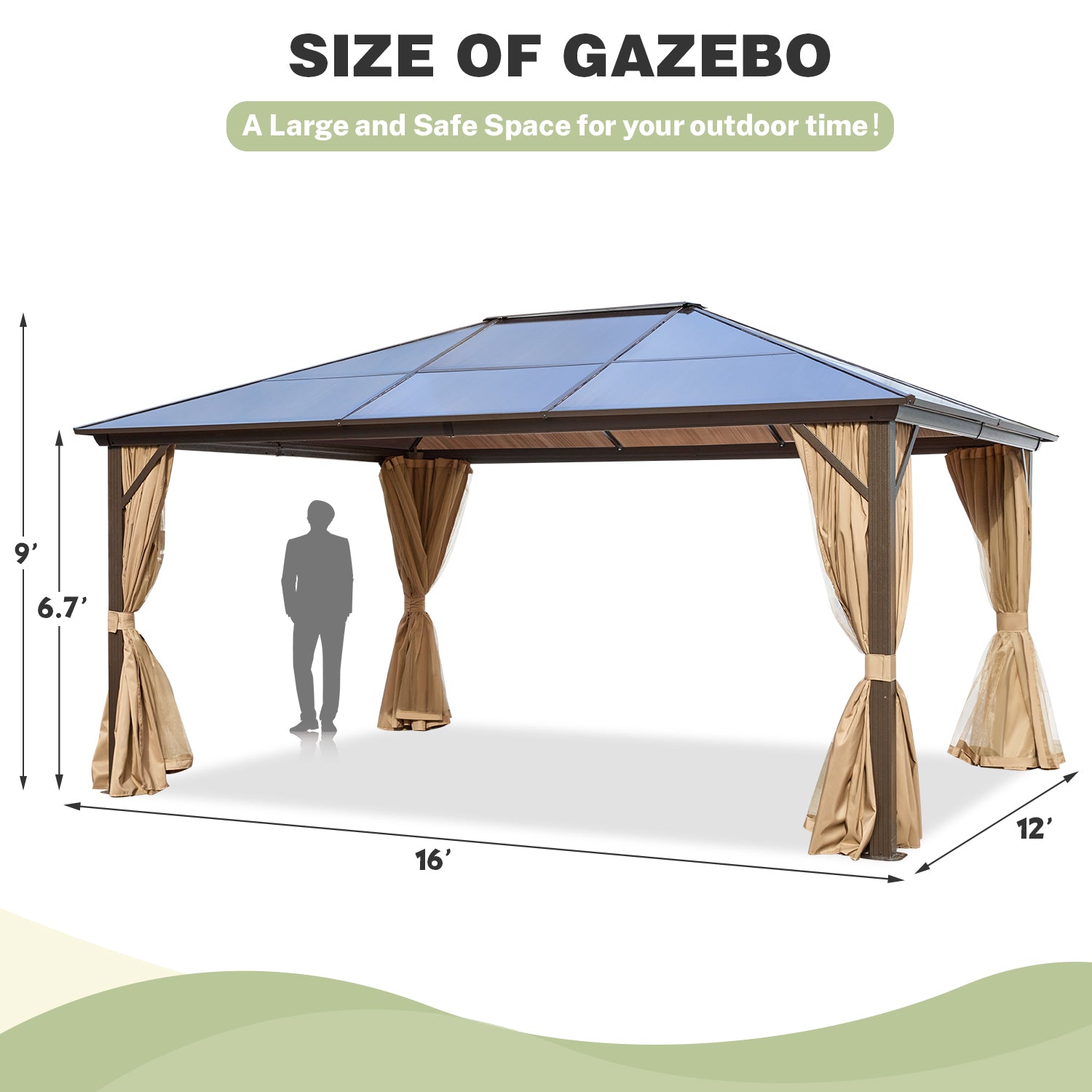Homrest 12' x 16'  Hardtop Gazebo, Outdoor Polycarbonate Roof Canopy, Aluminum Frame Permanent Pavilion