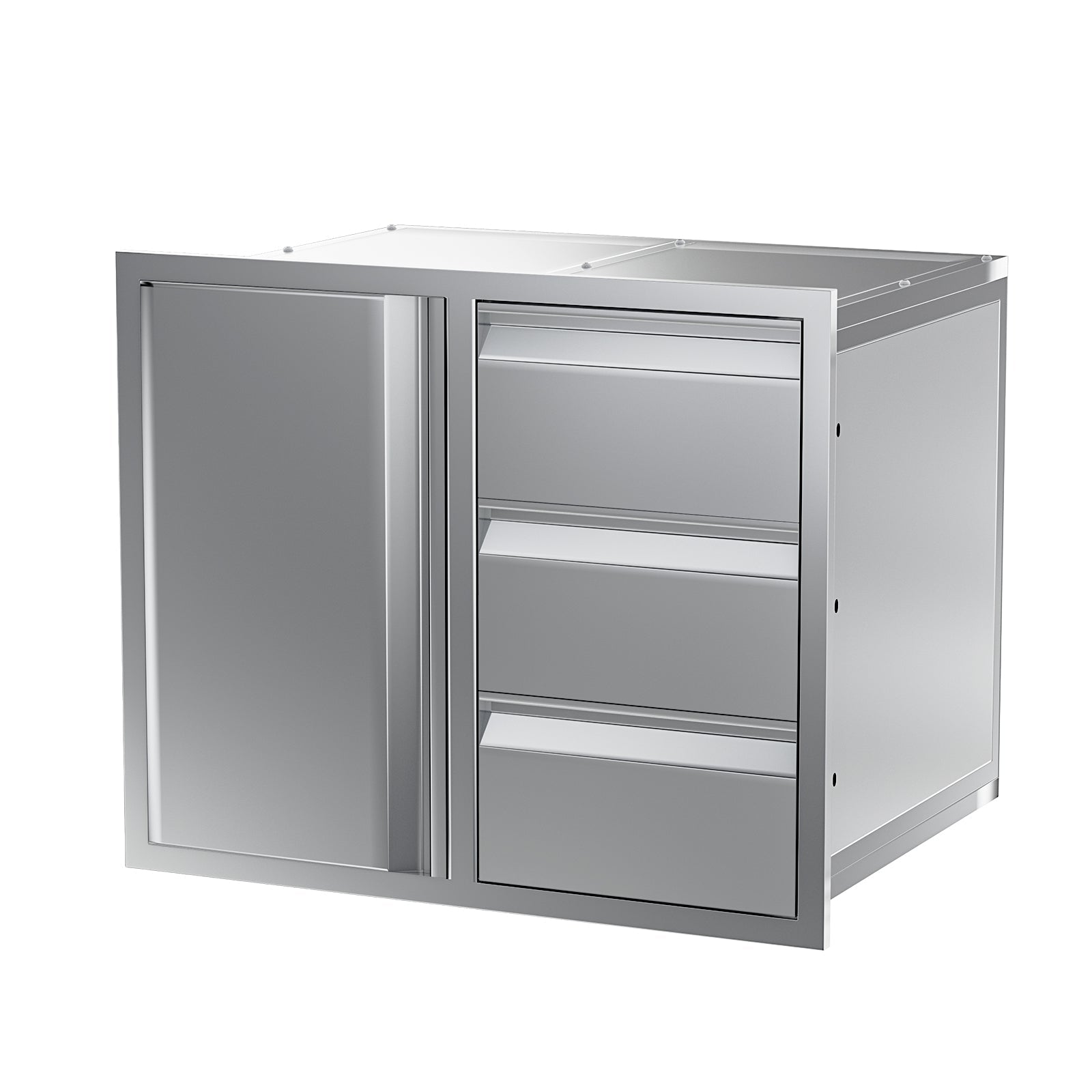 HOMREST Outdoor Kitchen Drawer and Trash Bin Combo - 28"Wx20"Dx23"H Built-in 304 Stainless Steel Cabinet with Triple Drawers & Pull-Out Trash Drawer, Silver