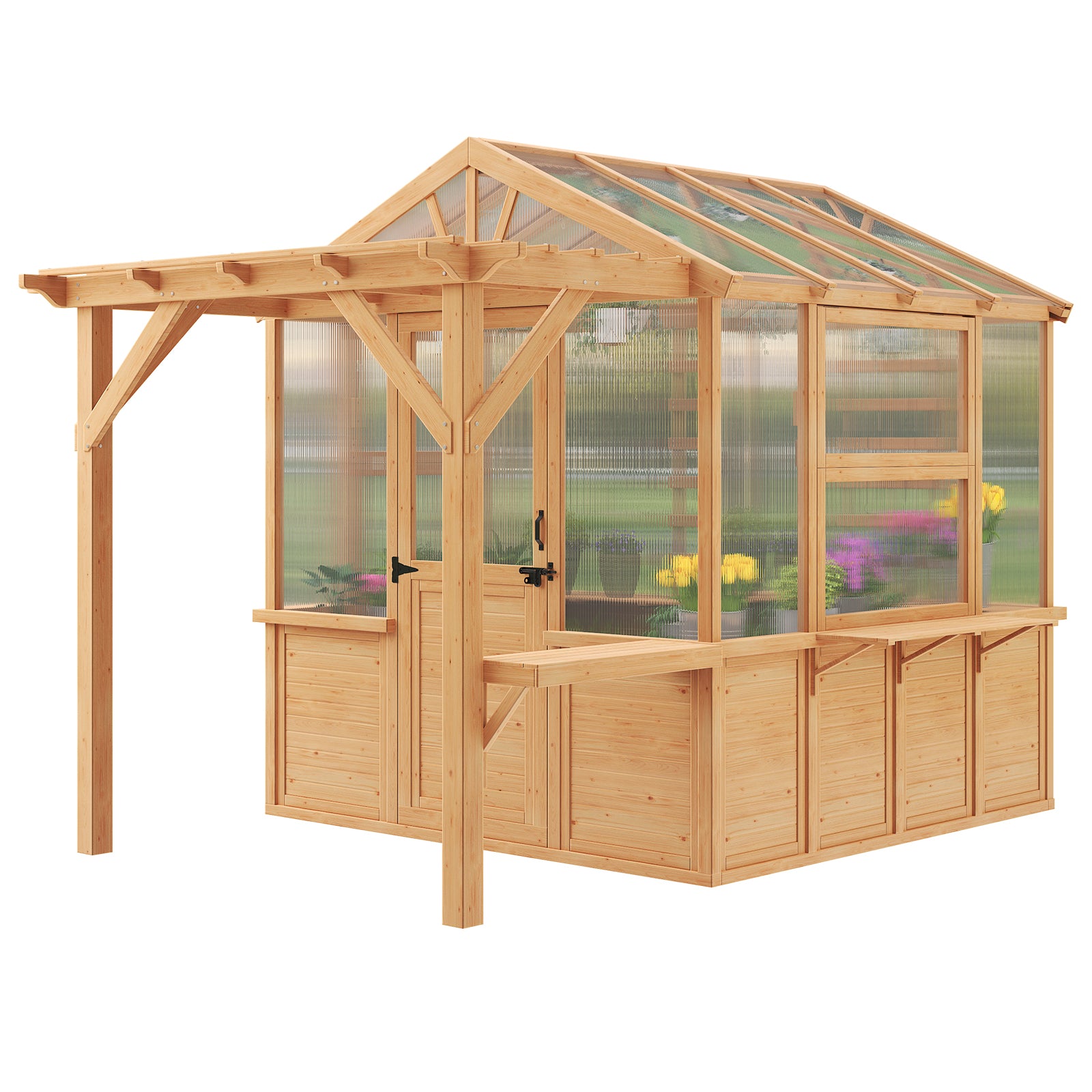 HOMREST 7x11 FT Spruce Wood Greenhouse with Pergola, Walk-in Polycarbonate Greenhouse Kit with Top-Hung Windows, Built-in Workstation and Staging Shelves for Backyard Garden