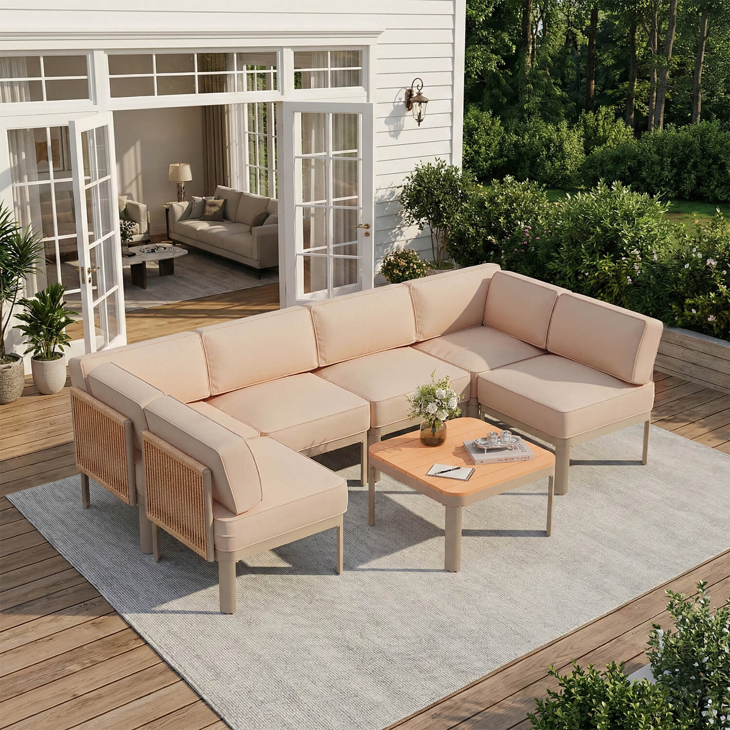 HOMREST 7 Pieces Patio Sectional Furniture Set, Aluminum Frame Outdoor Conversation Set with 6" Thick Cushions & Coffee Table, Beige