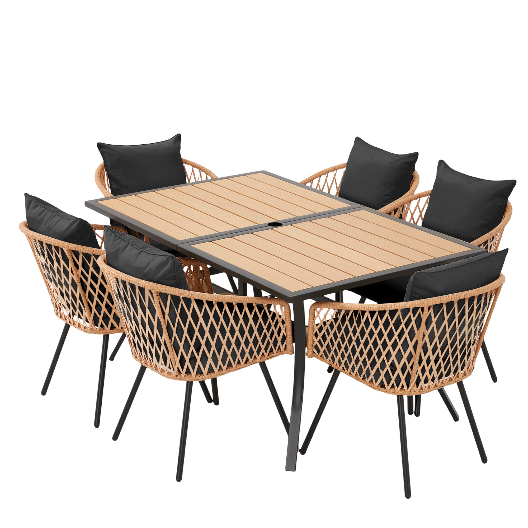 HOMREST 7-Piece Outdoor Dining Set – Rectangular Table with Umbrella Hole & 6 Rattan Chairs, Black