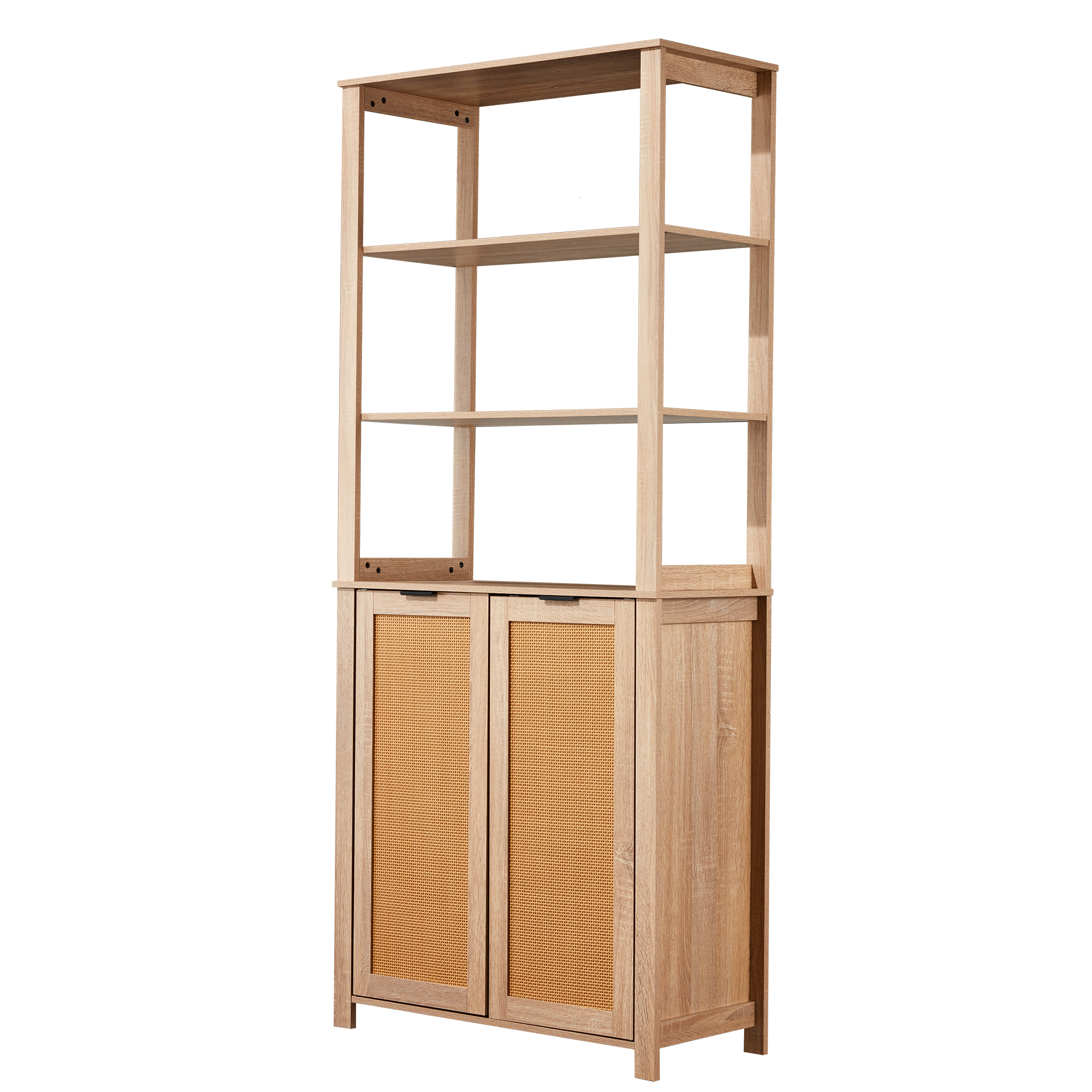 HOMREST Rattan Bookcase with cabinet, Heavy Duty Freestanding Bookcase With Storage Open Display, Beige