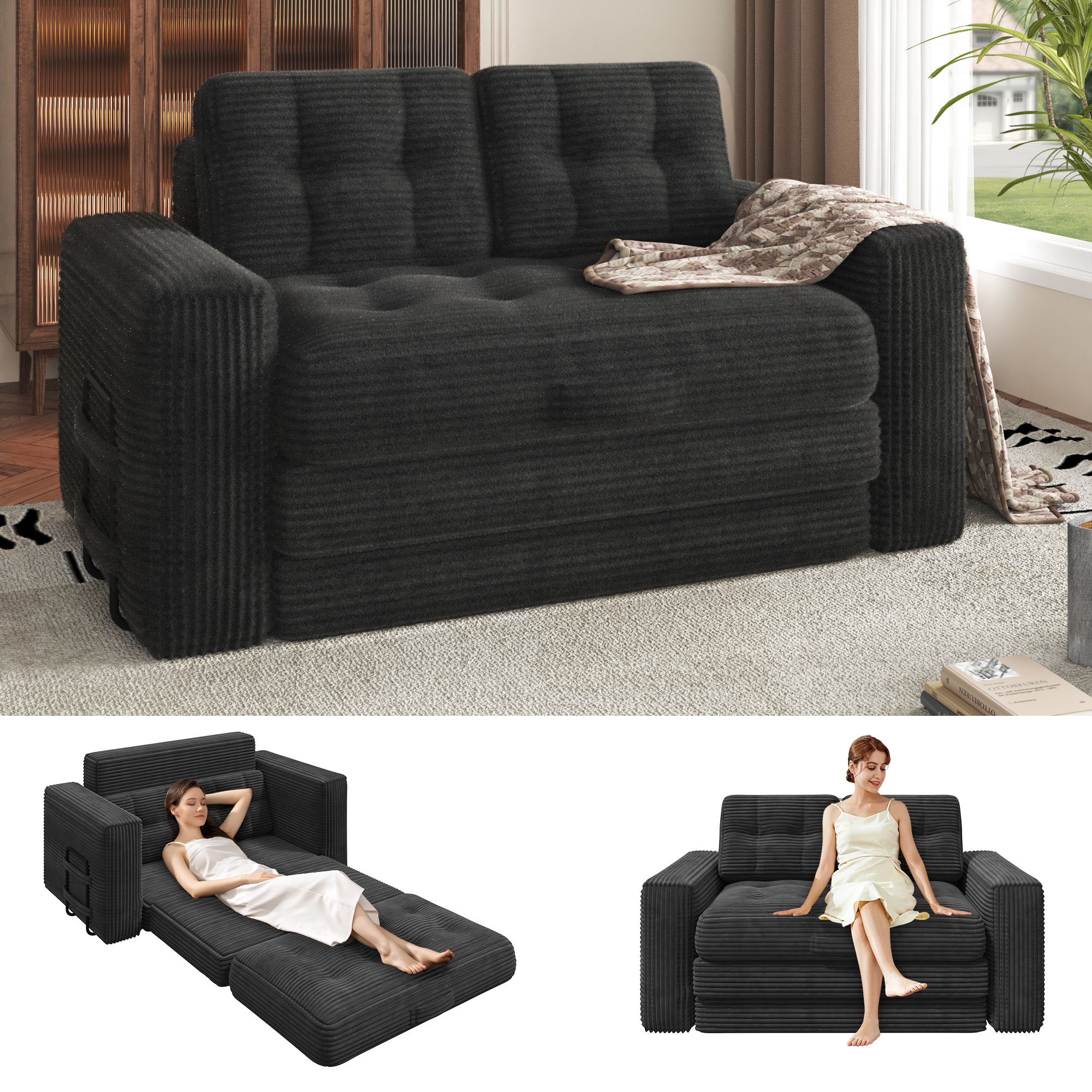 HOMREST No Assembly Needed Convertible Sofa Bed, 2 in 1 Boneless Couch Bed with 2 Pillows, Black