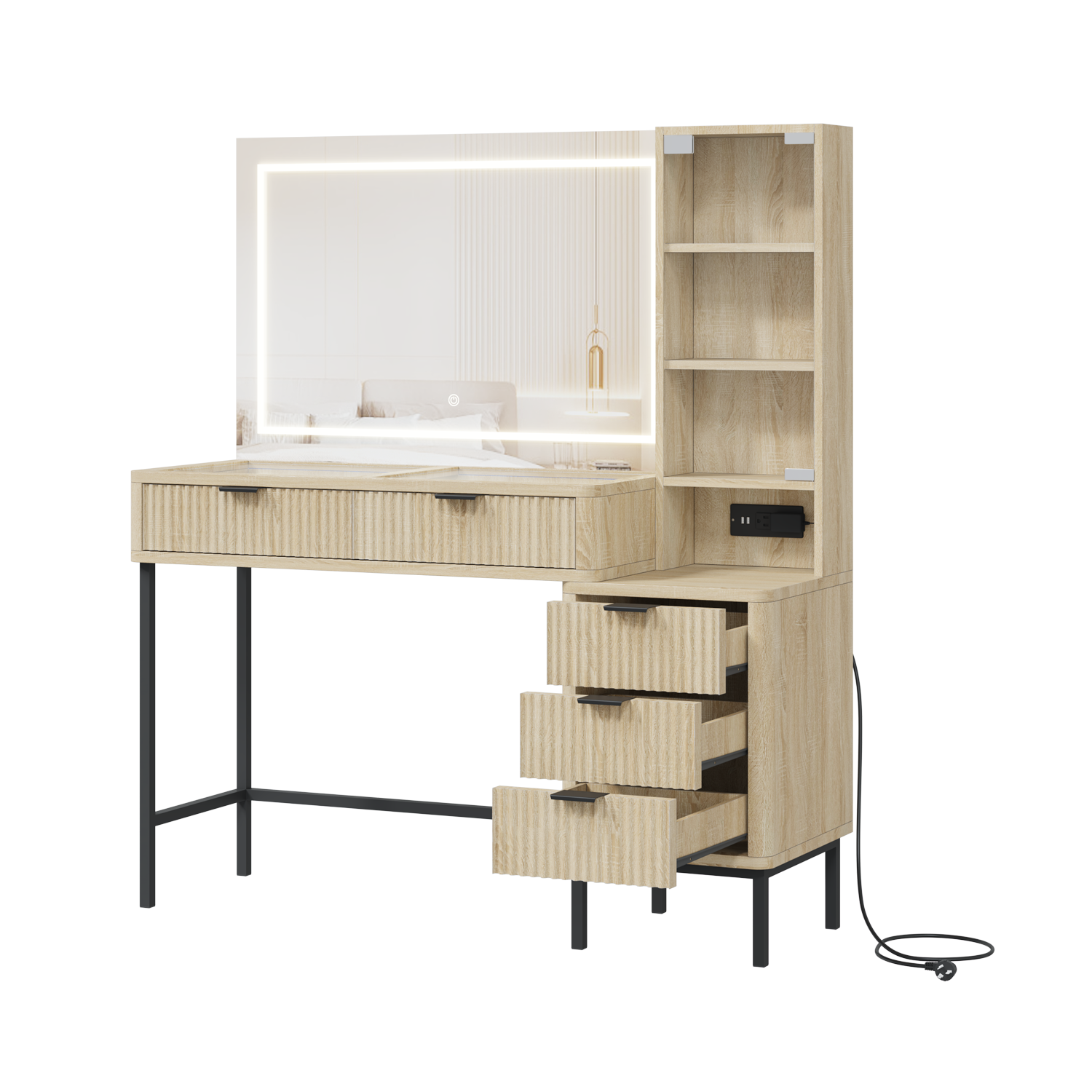 HOMREST Fluted Makeup Vanity Desk with Mirror, Lights,5 Drawers, 3 Storage Shelves and Charging Station, Wood black