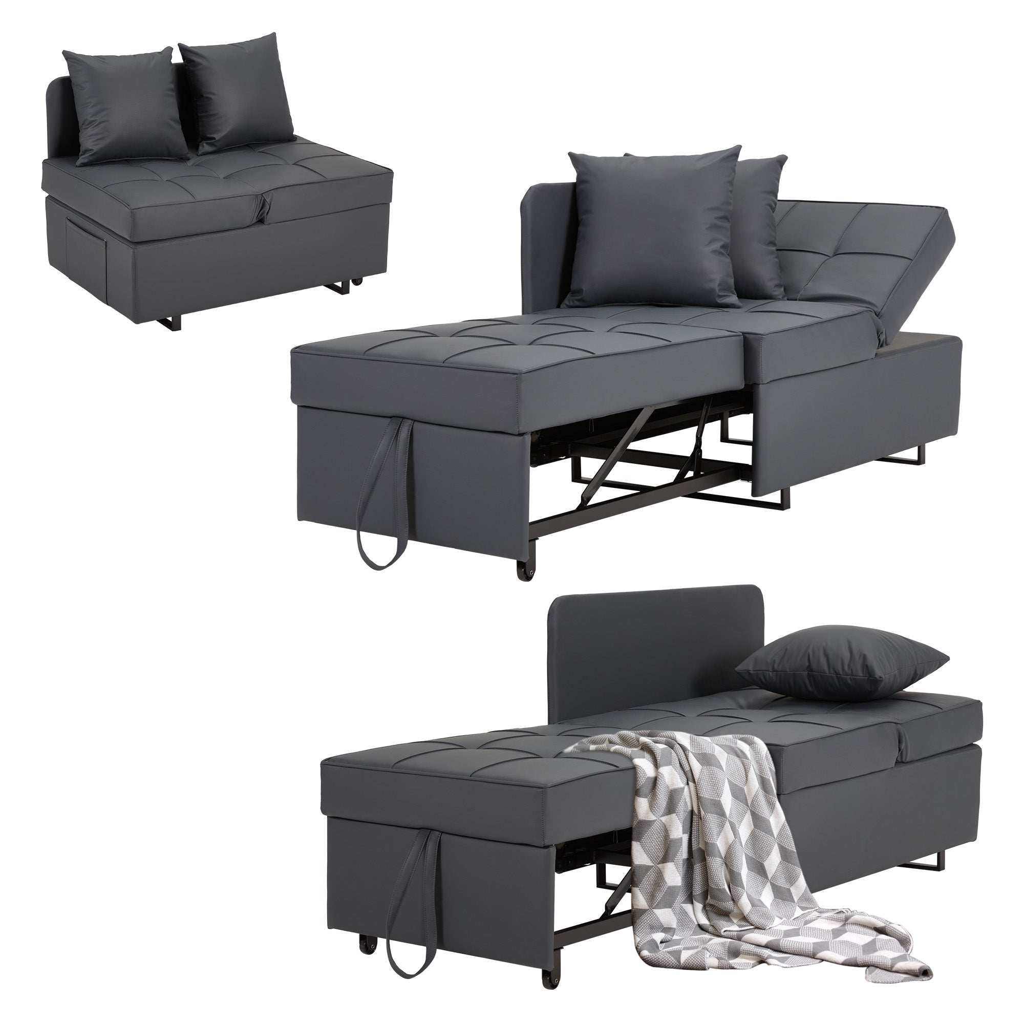 HOMREST 3 IN 1 Futon Sofa Bed Convertible Recliner Lounge with Reclining Backrest, Gray