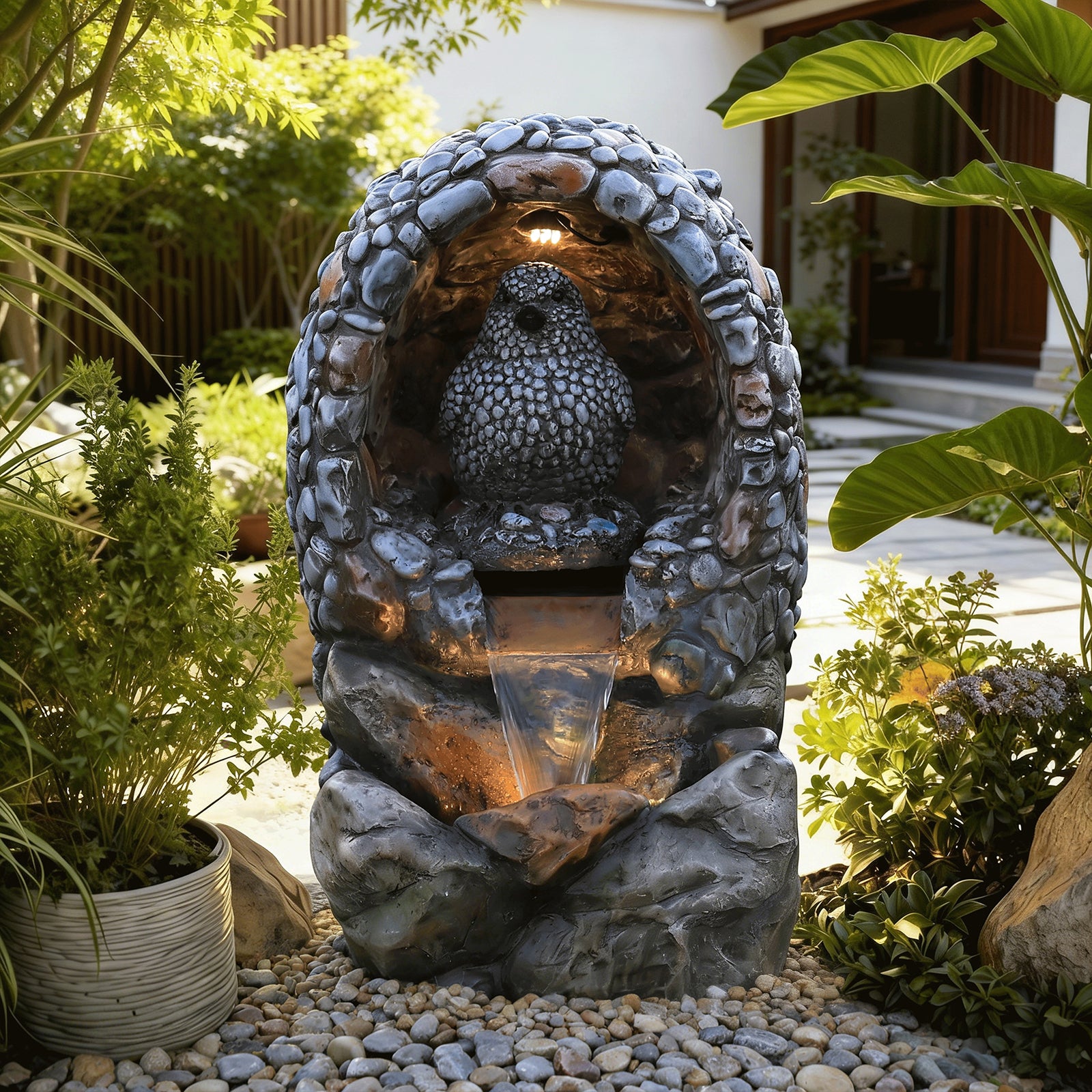 HOMREST Outdoor Water Fountain - Rock-Hollow Bird Outdoor Waterfall Fountain with LED Lights Effect for Patio Deck Yard Home,Gray
