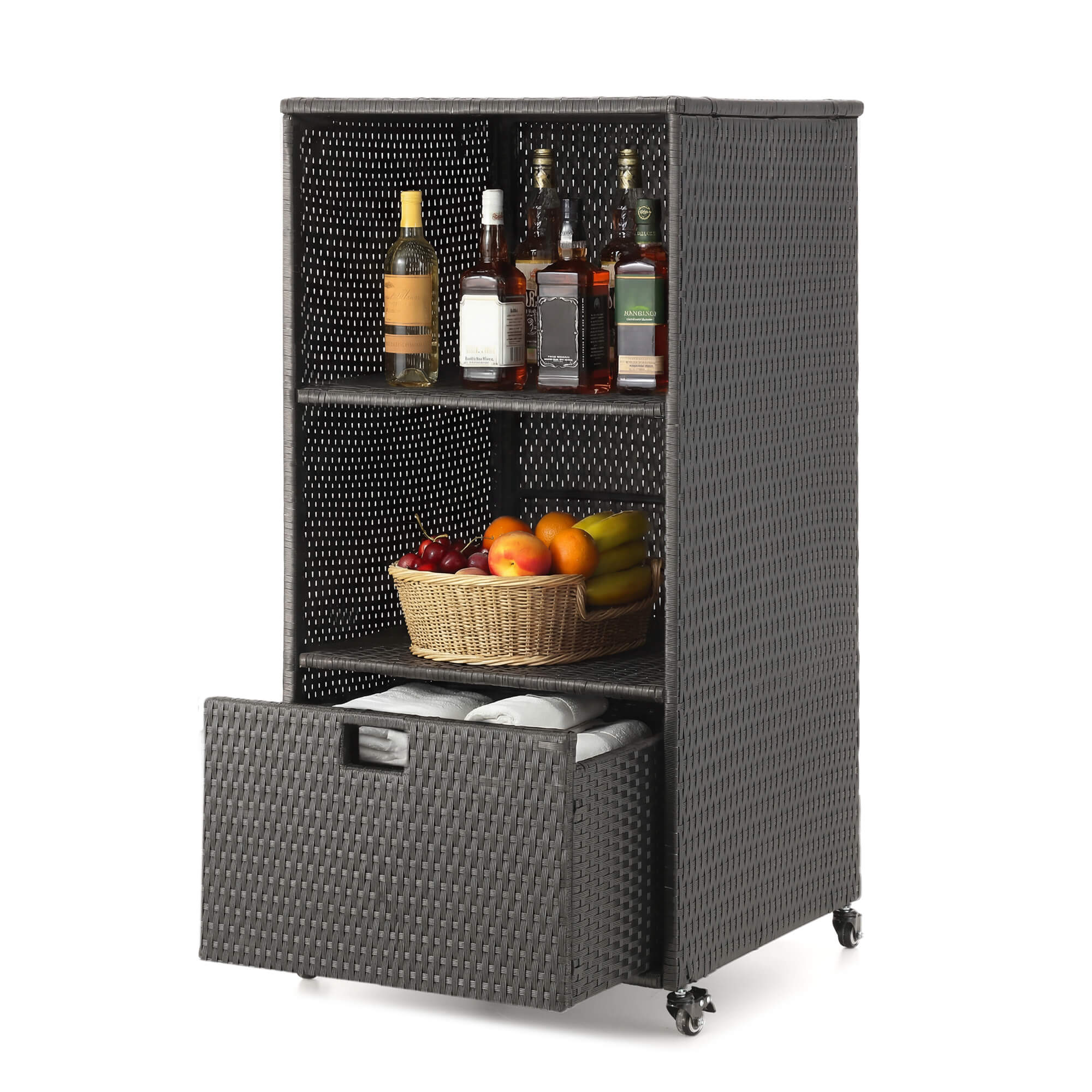 HOMREST Outdoor Pool Towel Rack with Storage Cabinet, Waterproof PE Rattan Wicker Poolside Towel Organizer with Shelves & Drawer, Rolling Wheels Towel Valet Caddy, Black