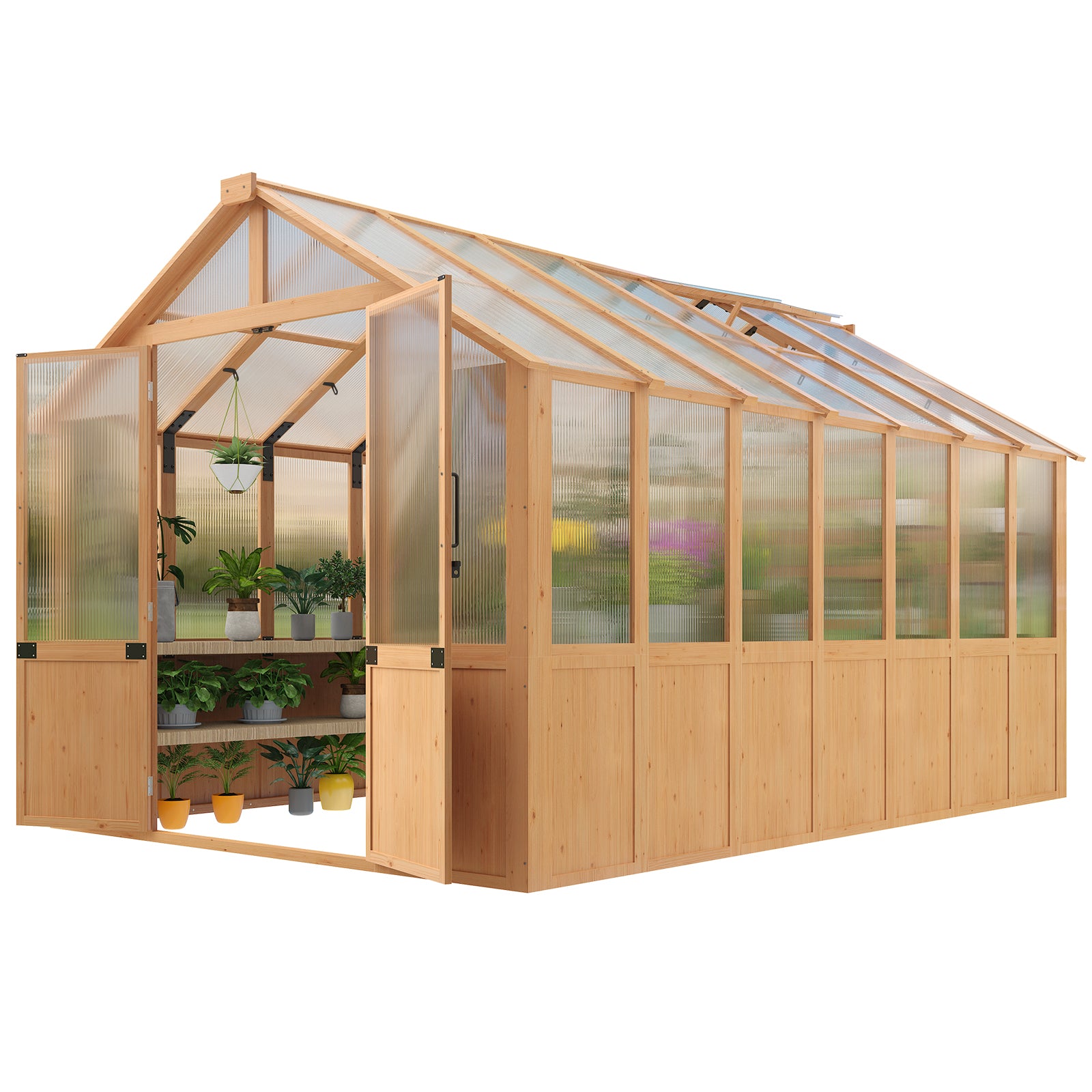 HOMREST 8x12 FT Wooden Greenhouse for Outdoors, Large Walk-in Greenhouse Kit with 4mm Polycarbonate Panels, Adjustable Roof Vent, Lockable Door, Outdoor Greenhouse for Backyard Garden