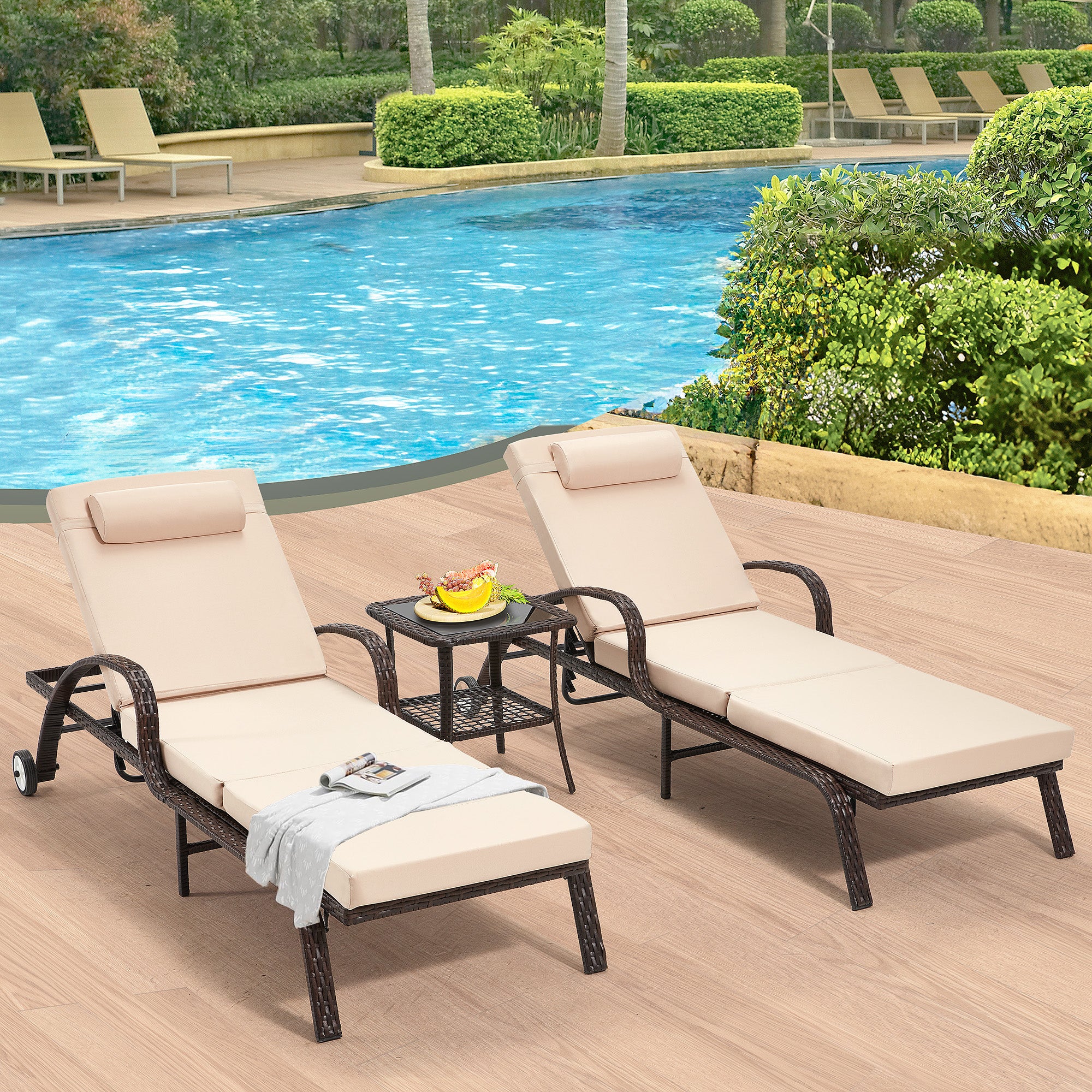 HOMREST 3-Piece Outdoor Chaise Lounge Set with Adjustable Chairs, Storage Table, Khaki