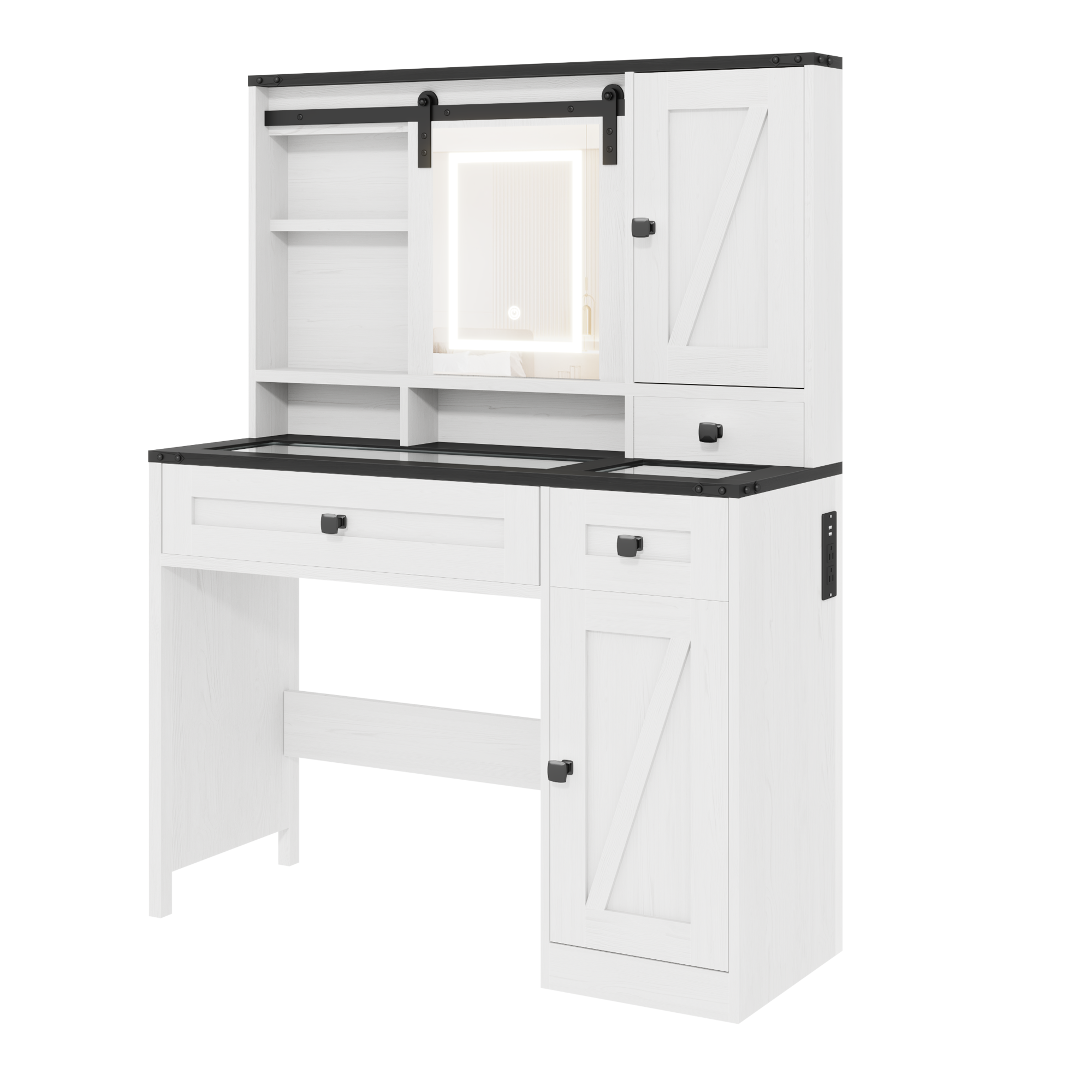 HOMREST Farmhouse Vanity Desk with Mirror, Lights and Jewelry Storage, Antique White