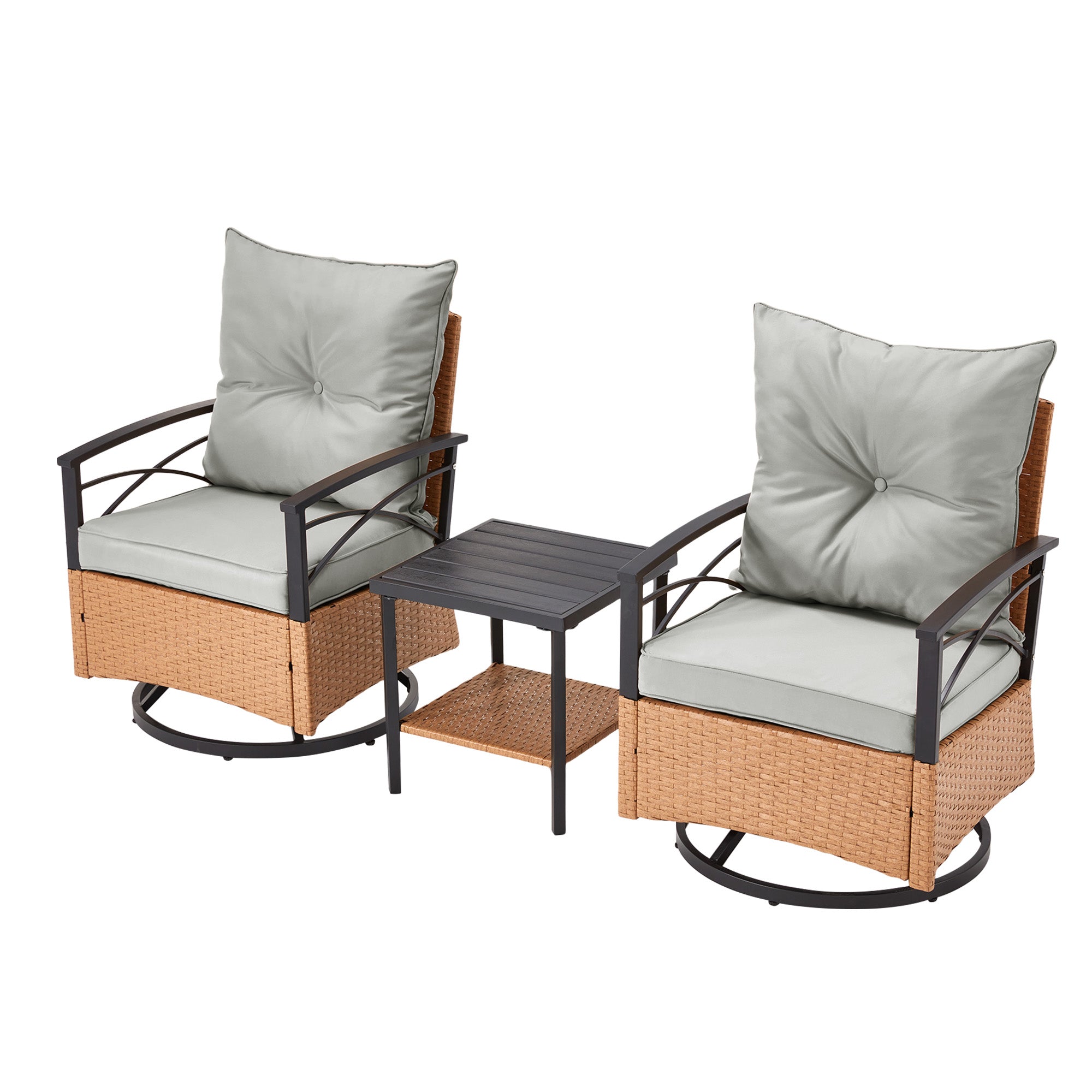 HOMREST 3-Piece Patio Swivel Rocker Set with Rattan Coffee Table, Gray