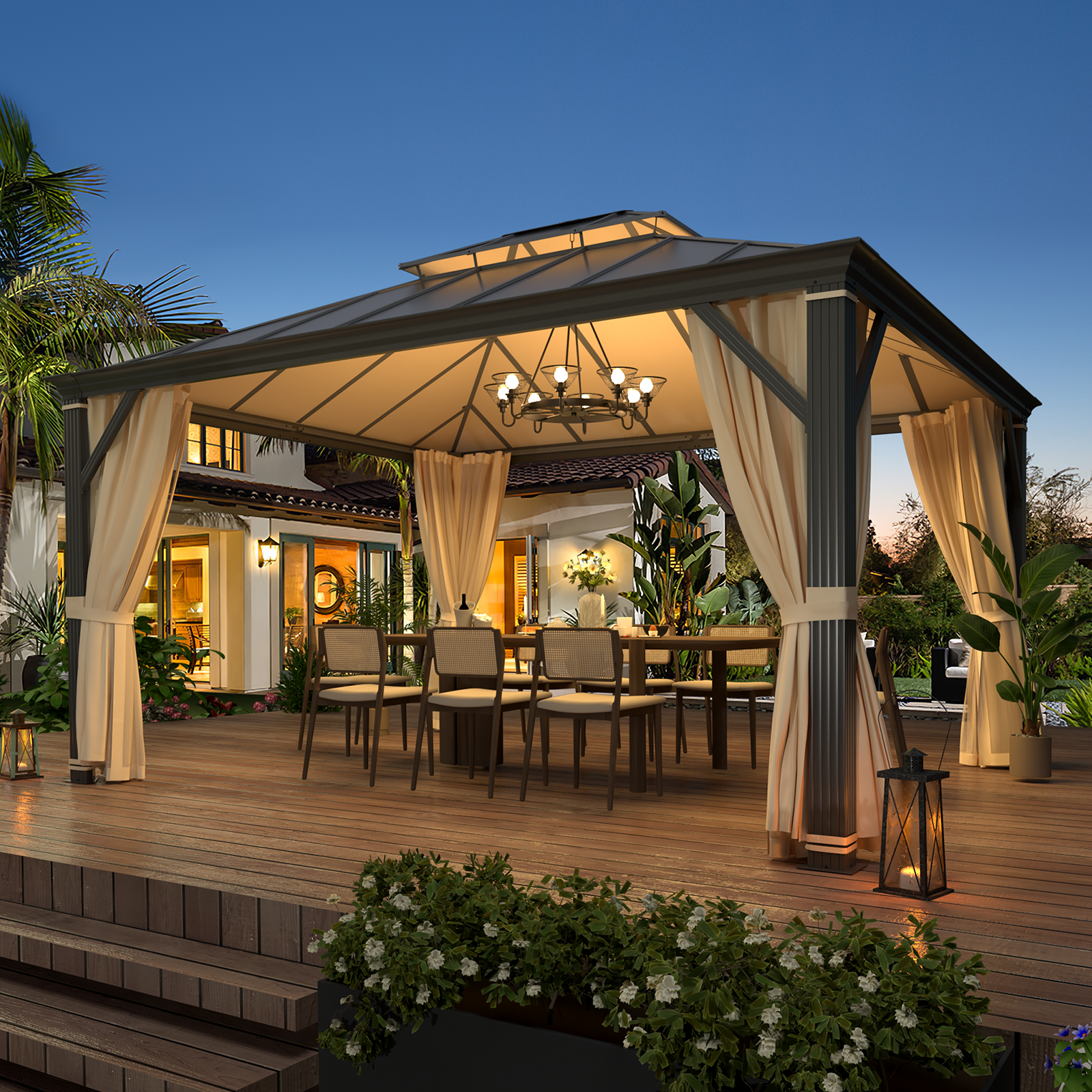 Homrest 12' x 14' Hardtop Permanent Outdoor Aluminum Patio Gazebo with Double Roof for Patio and Garden, Curtains and Netting