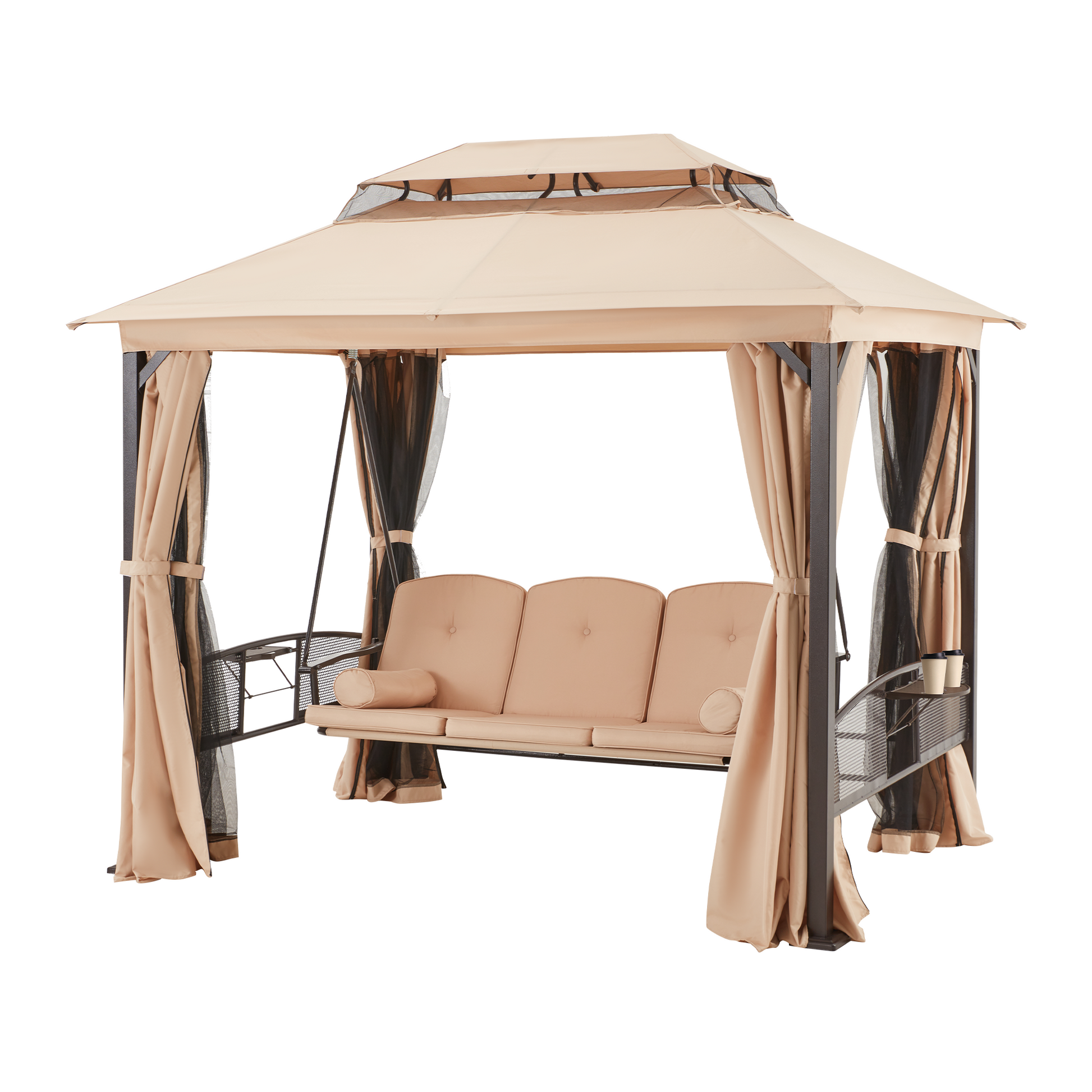 Homrest 3-Seat Swing Chair,Outdoor Gazebo Swing,Porch Swings Outdoor with Double Tier Canopy,Netting Curtains,Side Trays,for Graden,Poolside Backyard(Khaki)