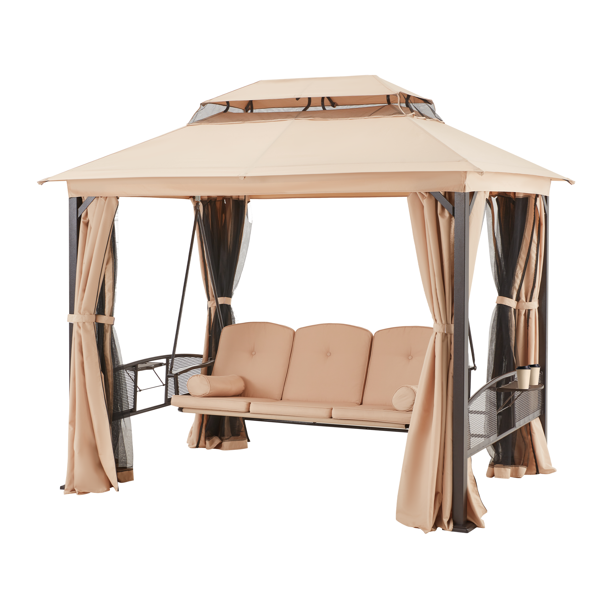 Homrest 3-Seat Swing Chair,Outdoor Gazebo Swing,Porch Swings Outdoor with Double Tier Canopy,Netting Curtains,Side Trays,for Graden,Poolside Backyard(Khaki)