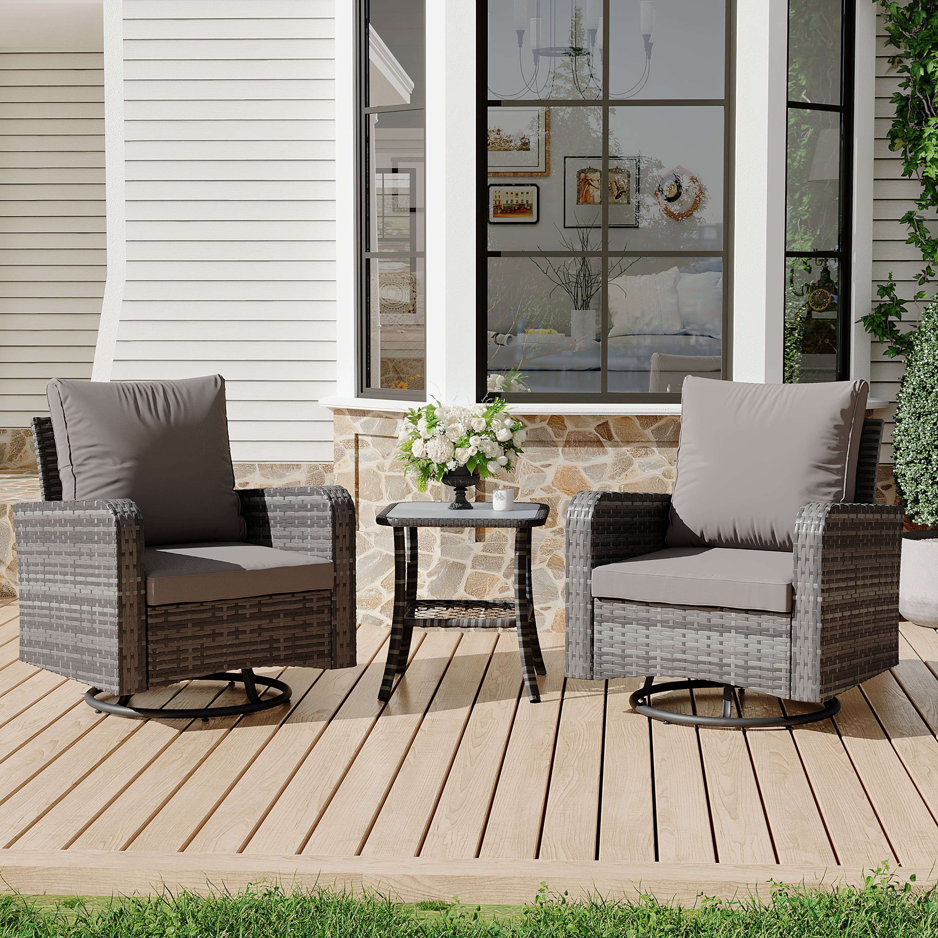 HOMREST 3 Piece Outdoor Swivel Chairs -All Weather Wicker Patio Bistro Table and Chairs Set, Grey