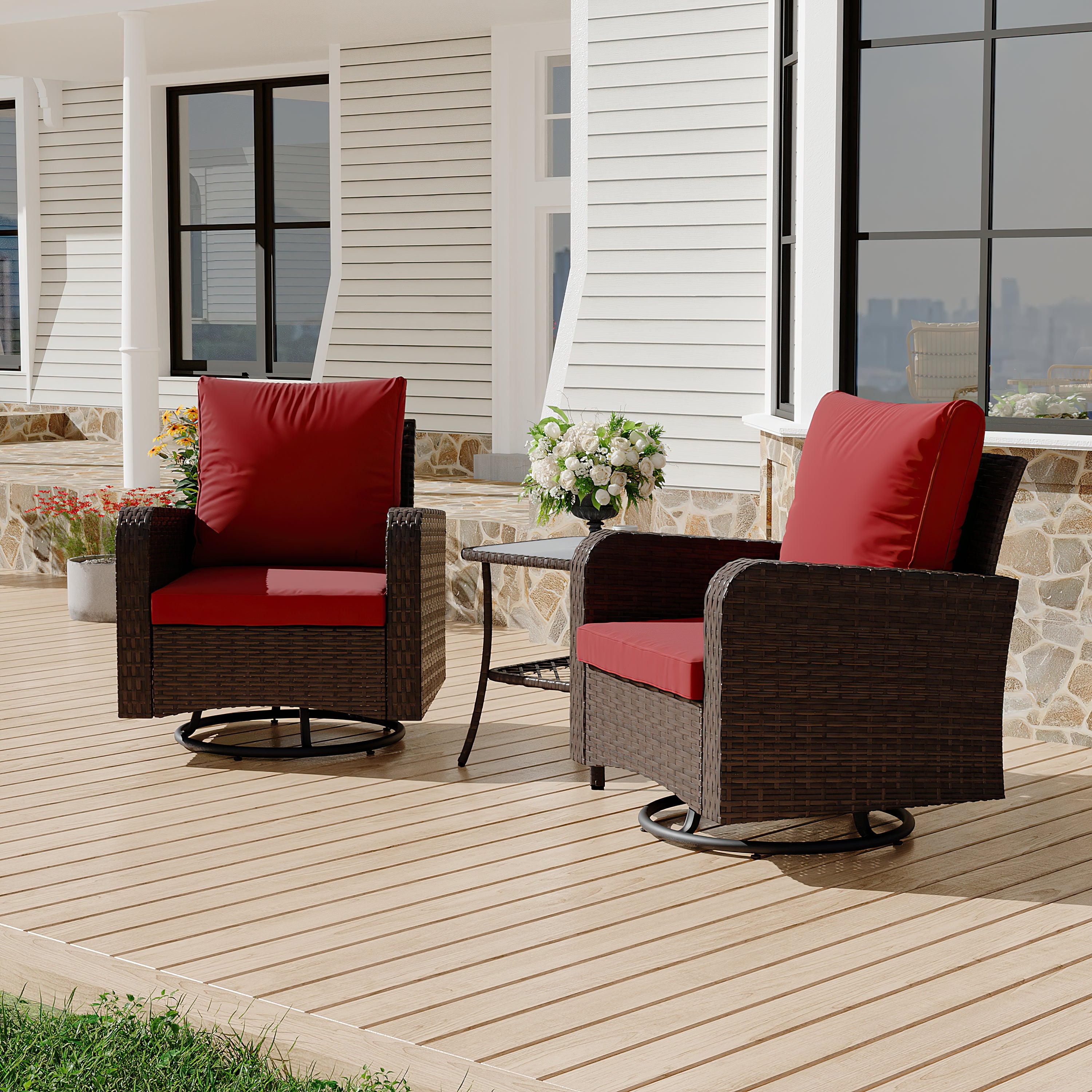 HOMREST 3 Piece Outdoor Swivel Chairs - Wicker Patio Bistro Table and Chairs Set, Wine Red