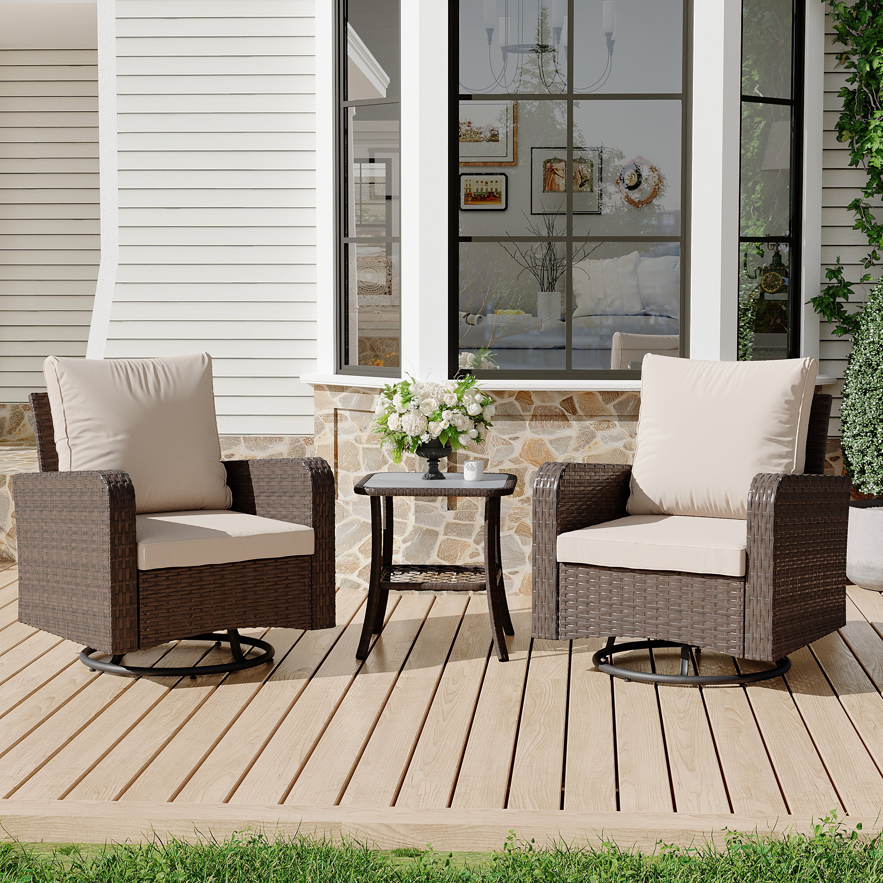 HOMREST 3 Piece Outdoor Swivel Chairs -All Weather Wicker Patio Bistro Table and Chairs Set, Khaki