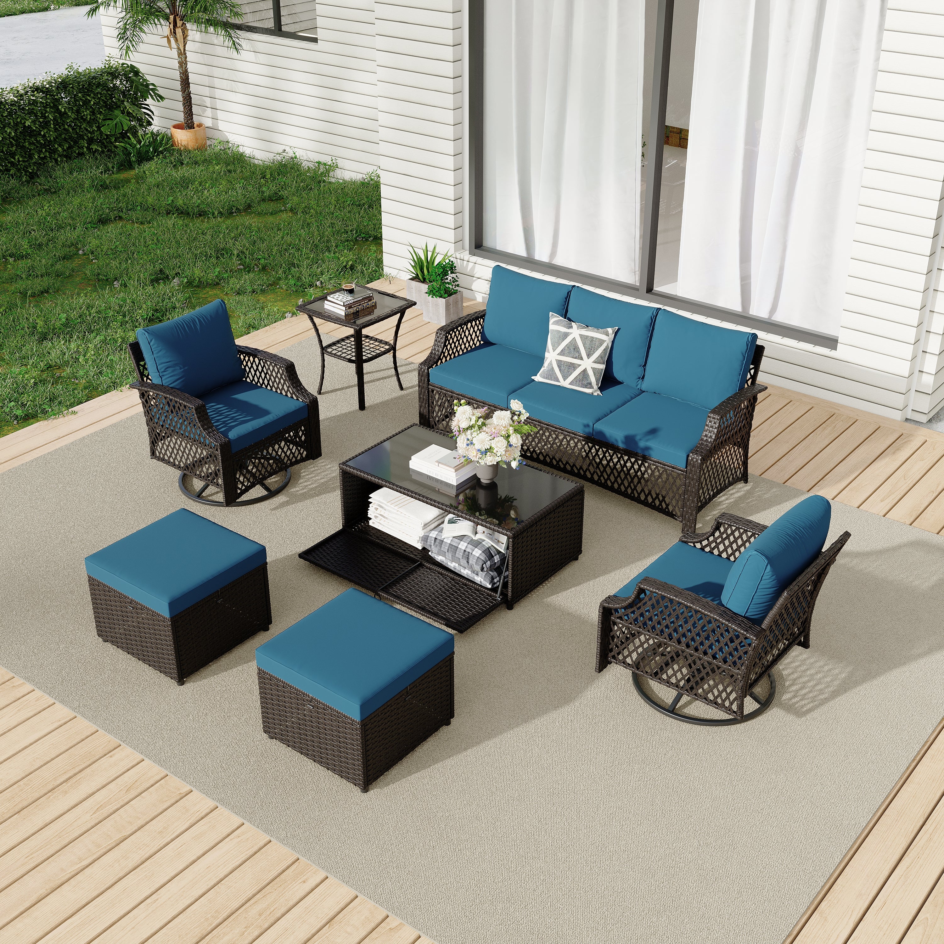 HOMREST 7 Piece Patio Furniture Set, Rattan Outdoor Sectional for Deck Backyard Porch (Turquoise)