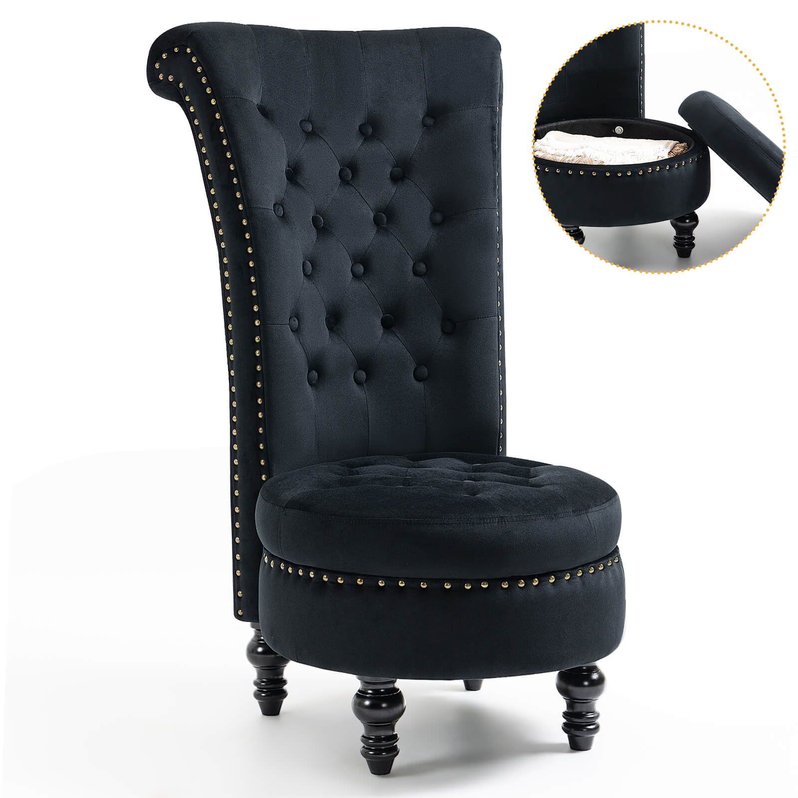Homrest Throne High-Back Velvet Accent Chair with Storage – Black