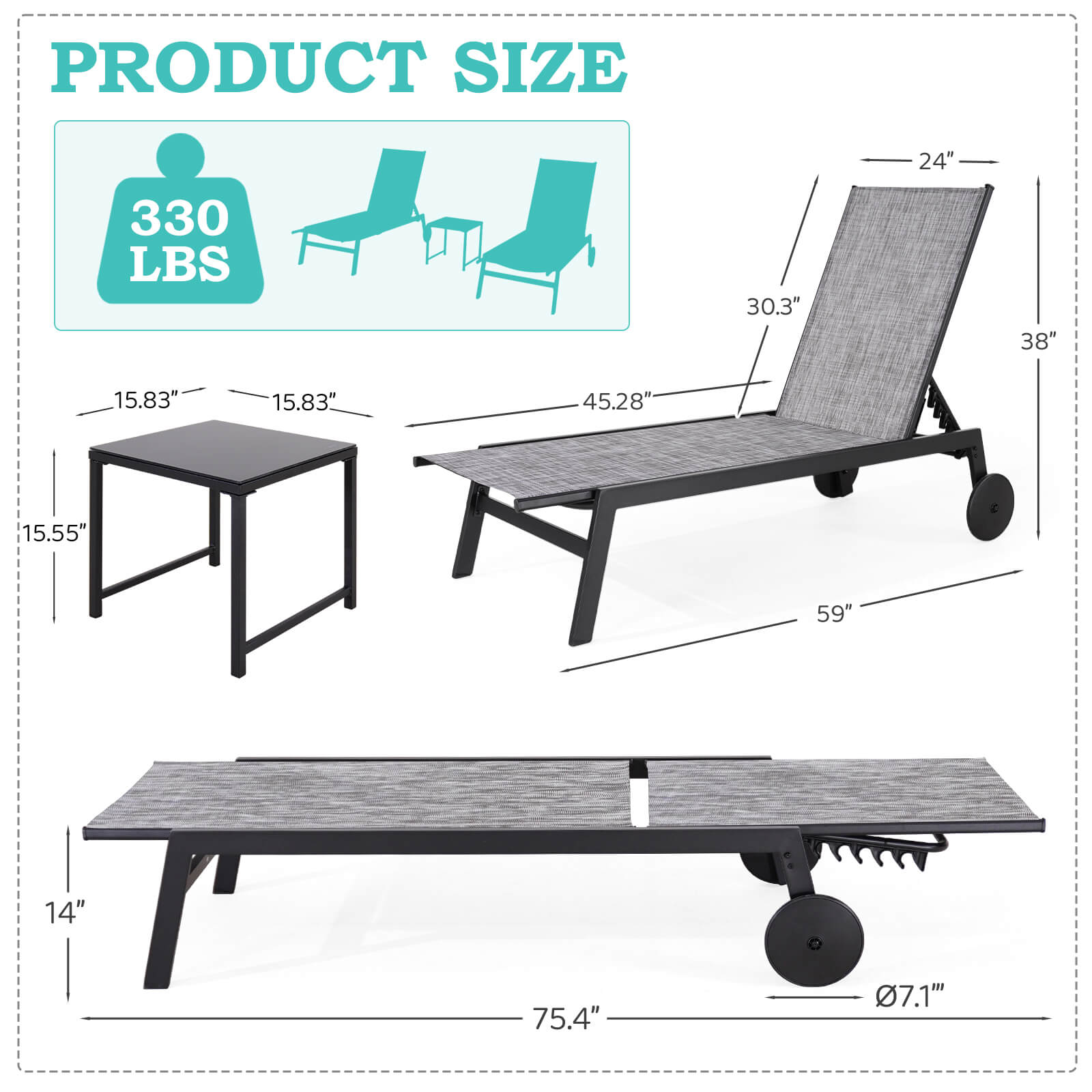 HOMREST 23 Inches Patio Chaise Lounge Chair Set of 2 with Table, Waterproof Outdoor Poolside Recliners, Grey