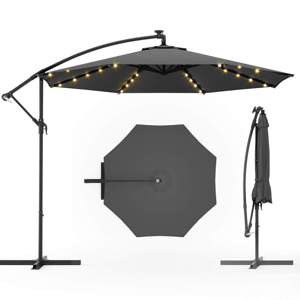 Homrest 10ft Solar Lighted Patio Umbrella, Infinite Tilt, Crank and Cross Base, Gray