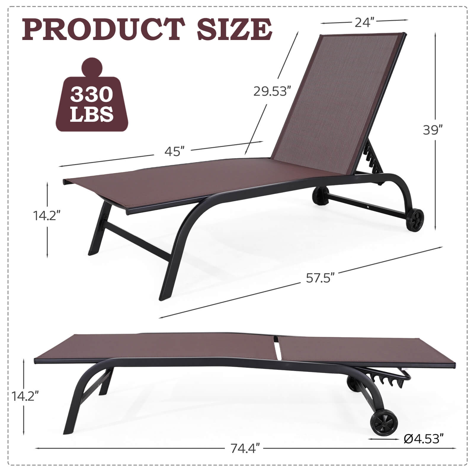 HOMREST  Oversized 26" W Patio Chaise Lounge Chair Set of 2 with Wheels, Oversized 26" W Outdoor Lounge Chairs, Brown
