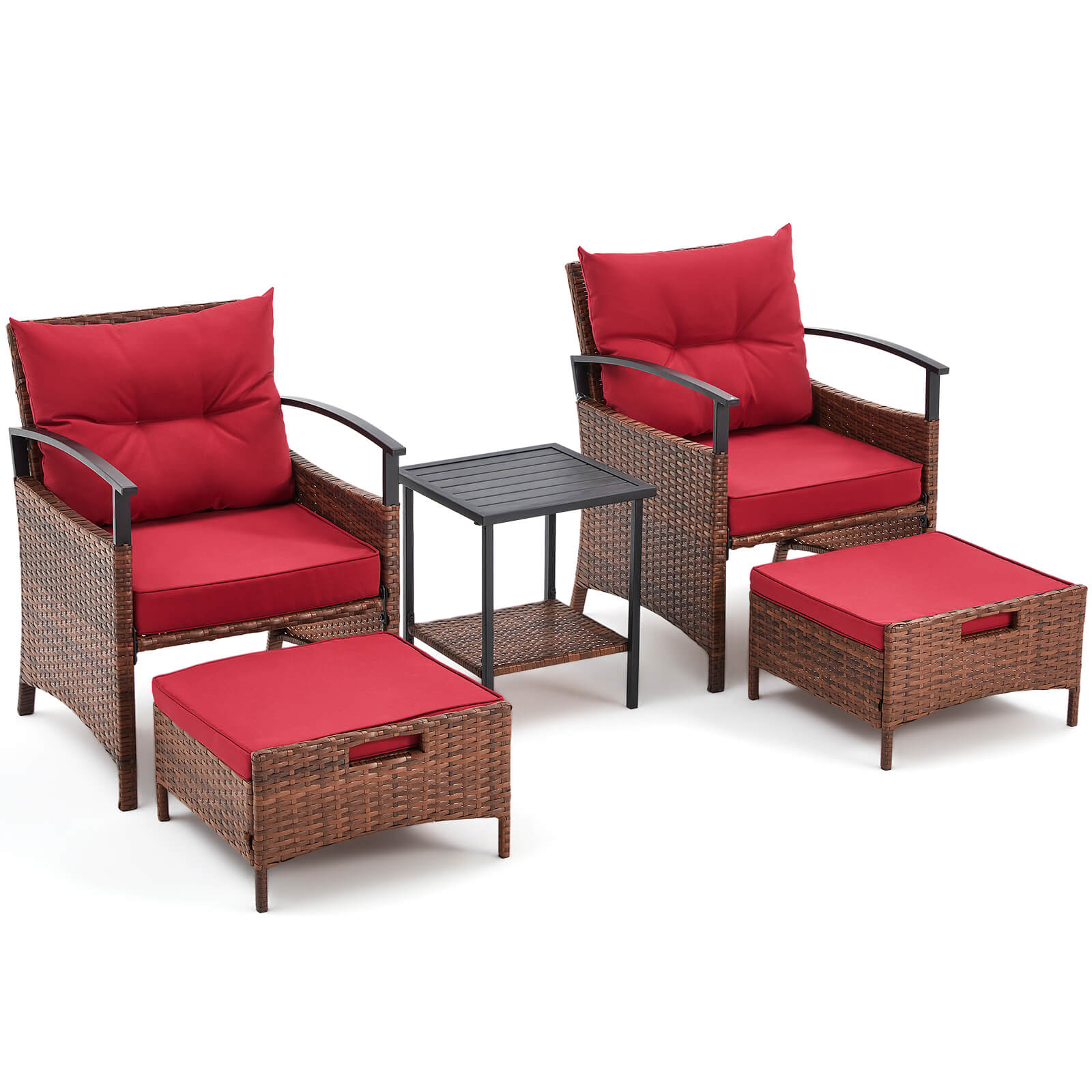 HOMREST 5 Pieces Patio Furniture Set, Outdoor Rattan Chairs with Metal Coffee Table, Ottomans & Soft Cushions, Wicker Conversation Bistro Set for Garden, Porch, Deck, Balcony, Red