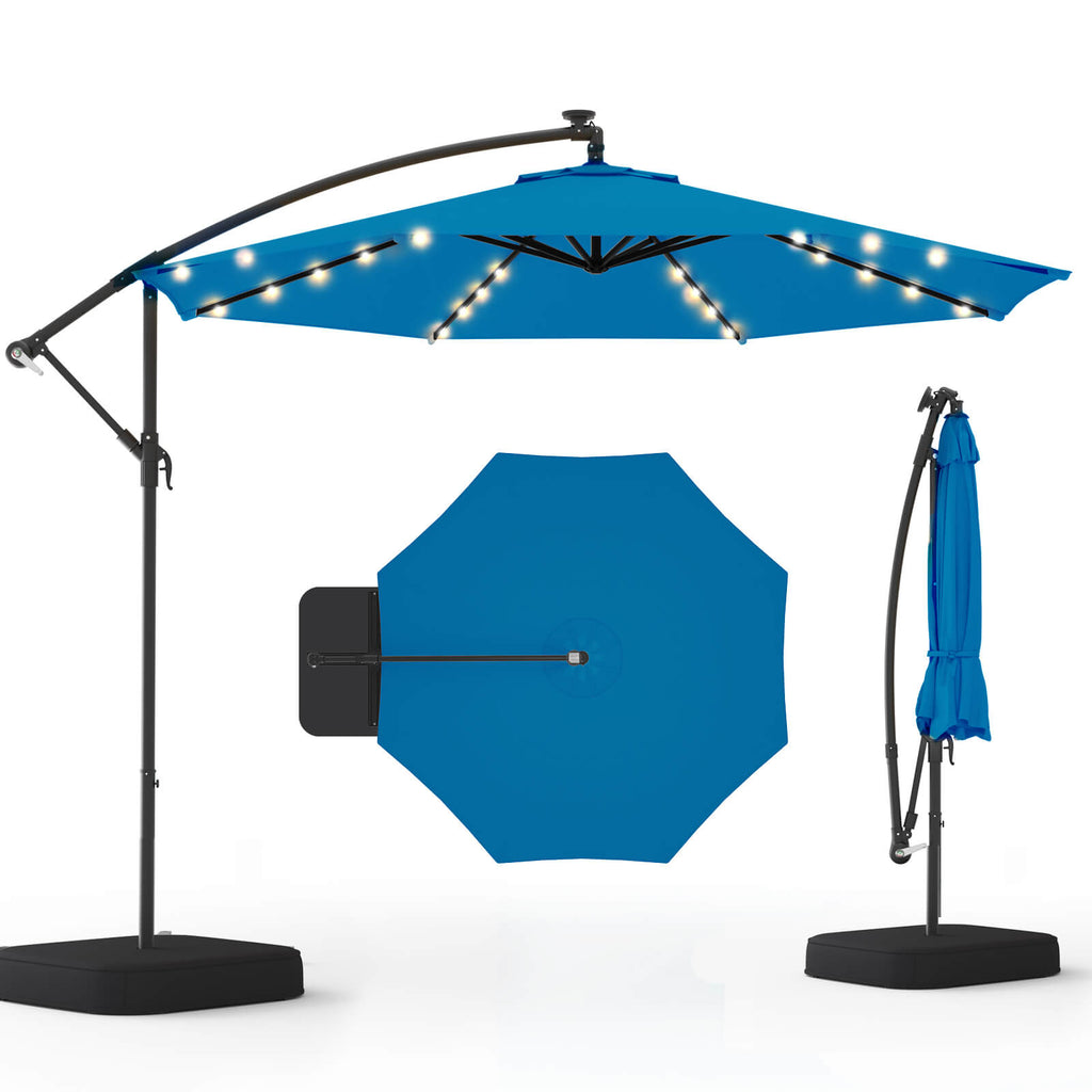 Homrest 10ft Solar Lighted Patio Umbrella with Base, Outdoor Cantilever Umbrella, Infinite Tilt, Rolay Blue