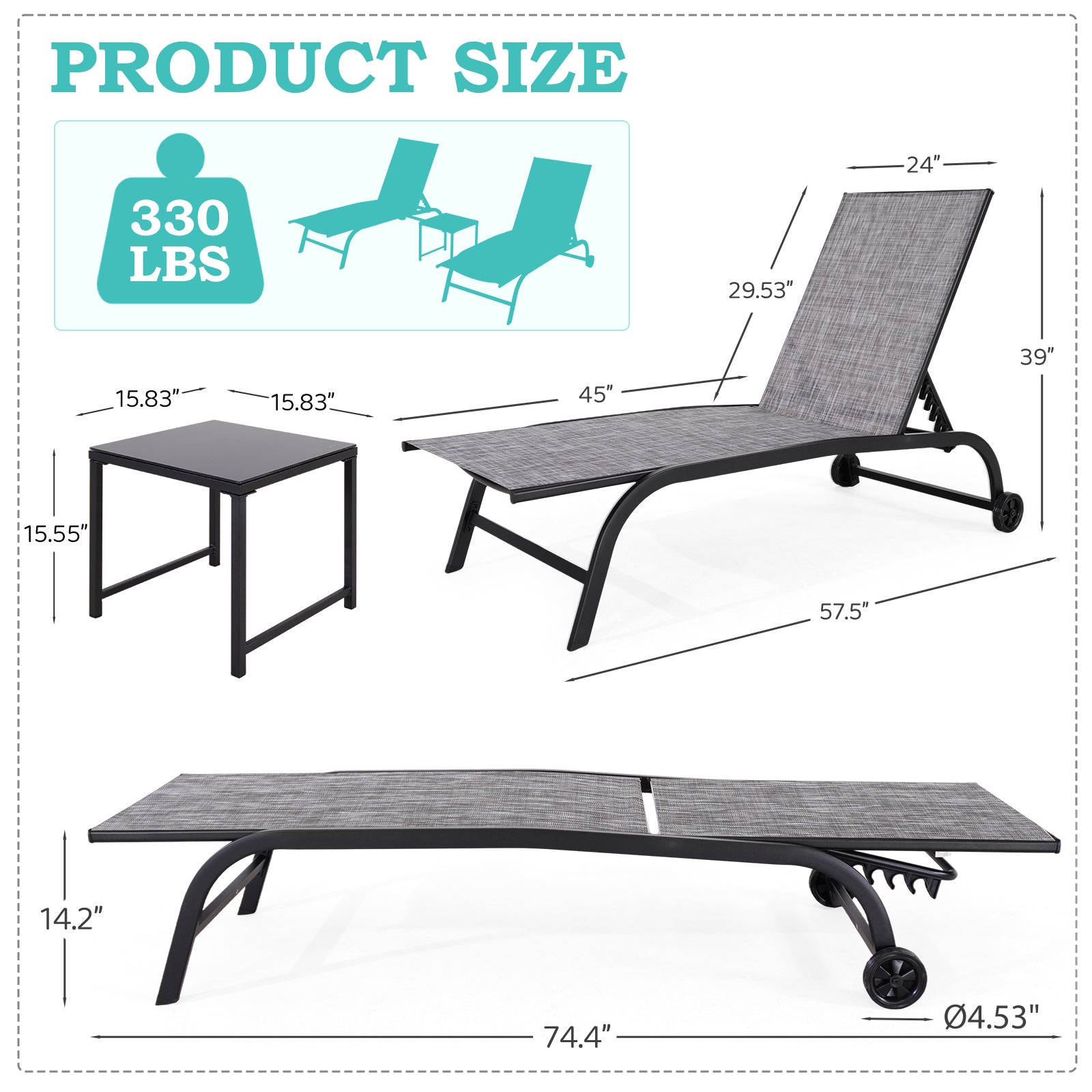 HOMREST Oversized 26" W Patio Chaise Lounge Chair Set of 2 with Table, Adjustable Backrest & Wheels, Grey